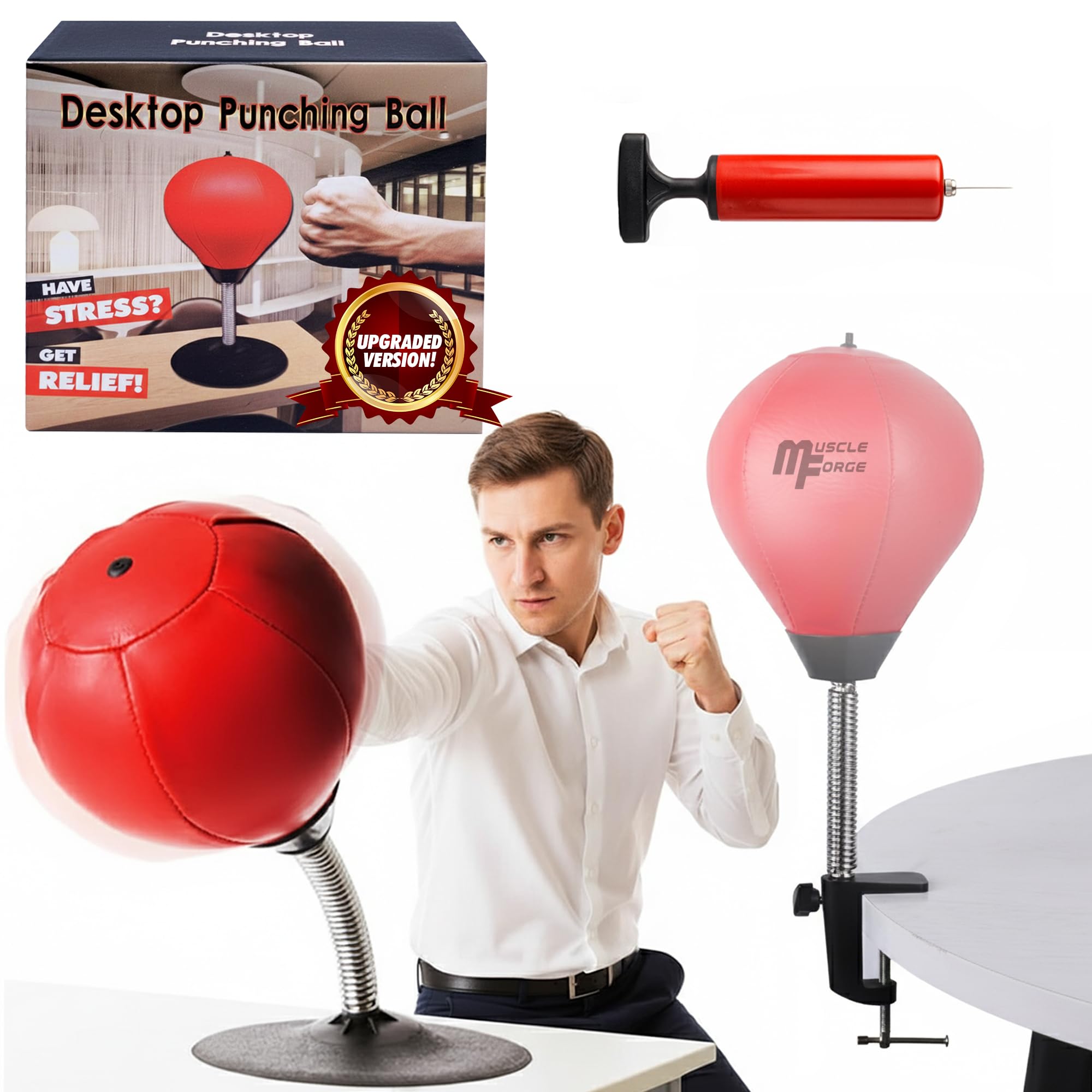 Mini Punching Ball de Bureau avec Pince de Table et Ventouse – Sac de Frappe Anti-Stress pour Maison & Bureau, Pompe Incluse