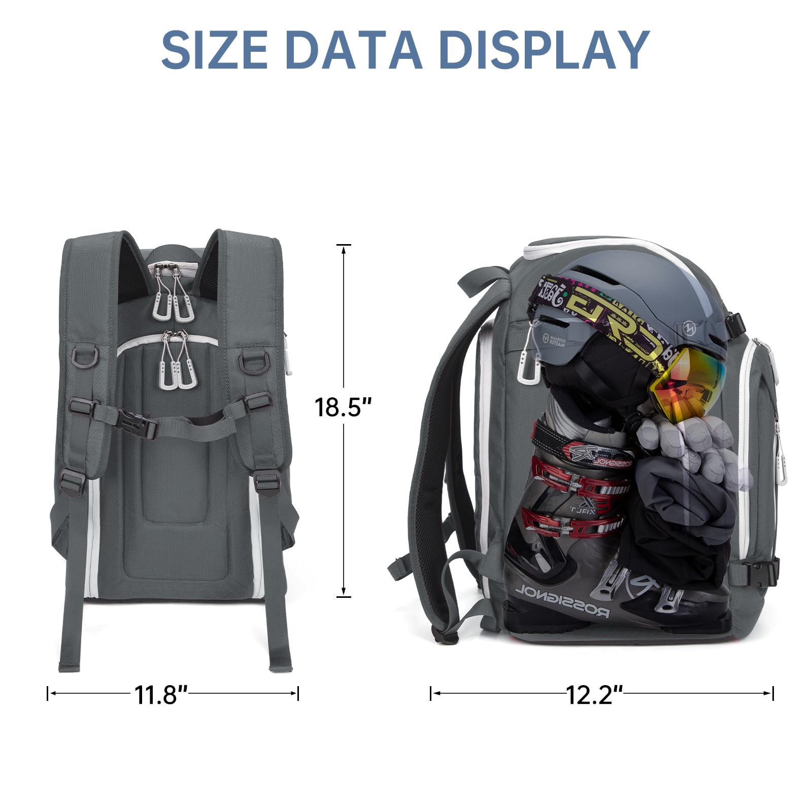 MIGGEEY Borsa per scarponi da sci con scomparto per casco e scomparto per stivali [50 l], zaino da sci con tasca per casco, borsa da sci con funzione di tracolla e spazio per accessori da sci