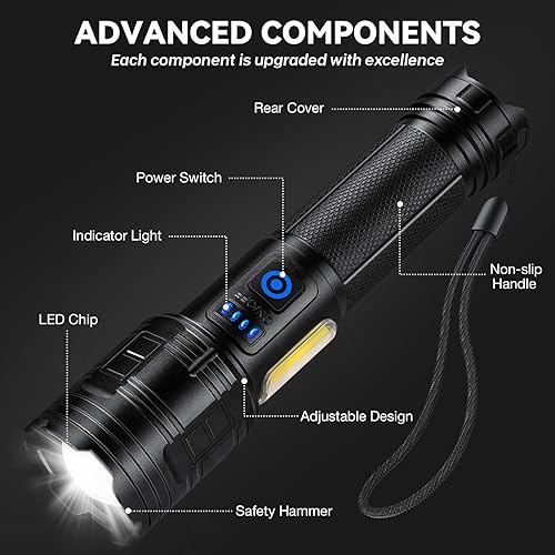 Miniatura 9 de Linterna recargable de 99,000 lúmenes altos, paquete de 2 luces LED con COB, 7 modos de potente linterna de mano para el hogar, camping (2)