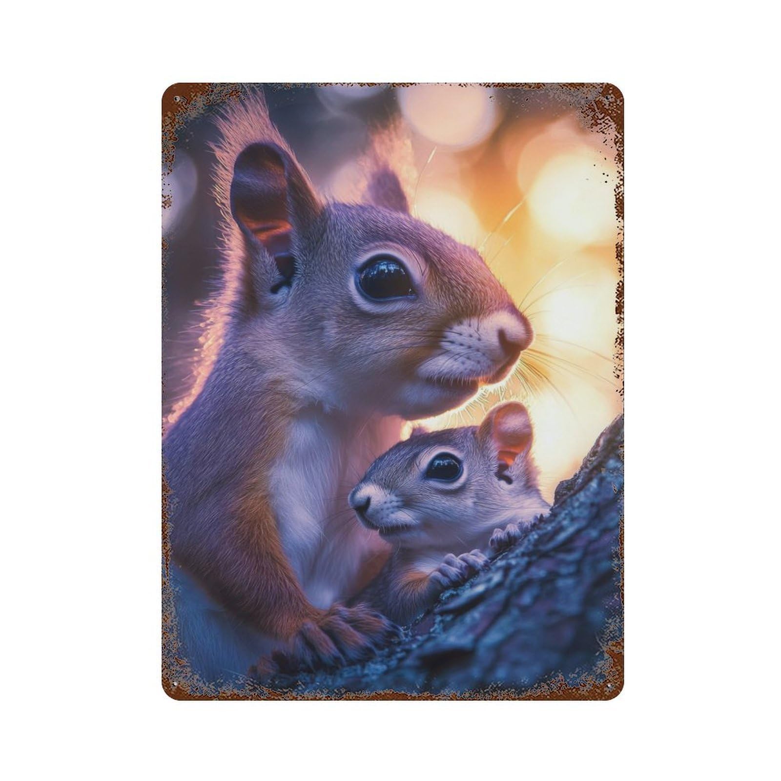 Squirrel Family Portrait Vintage Wall Sign 15.7"x11.8", Rust Effect Metal Decor for Basement, Hobby Room And Garage Decor