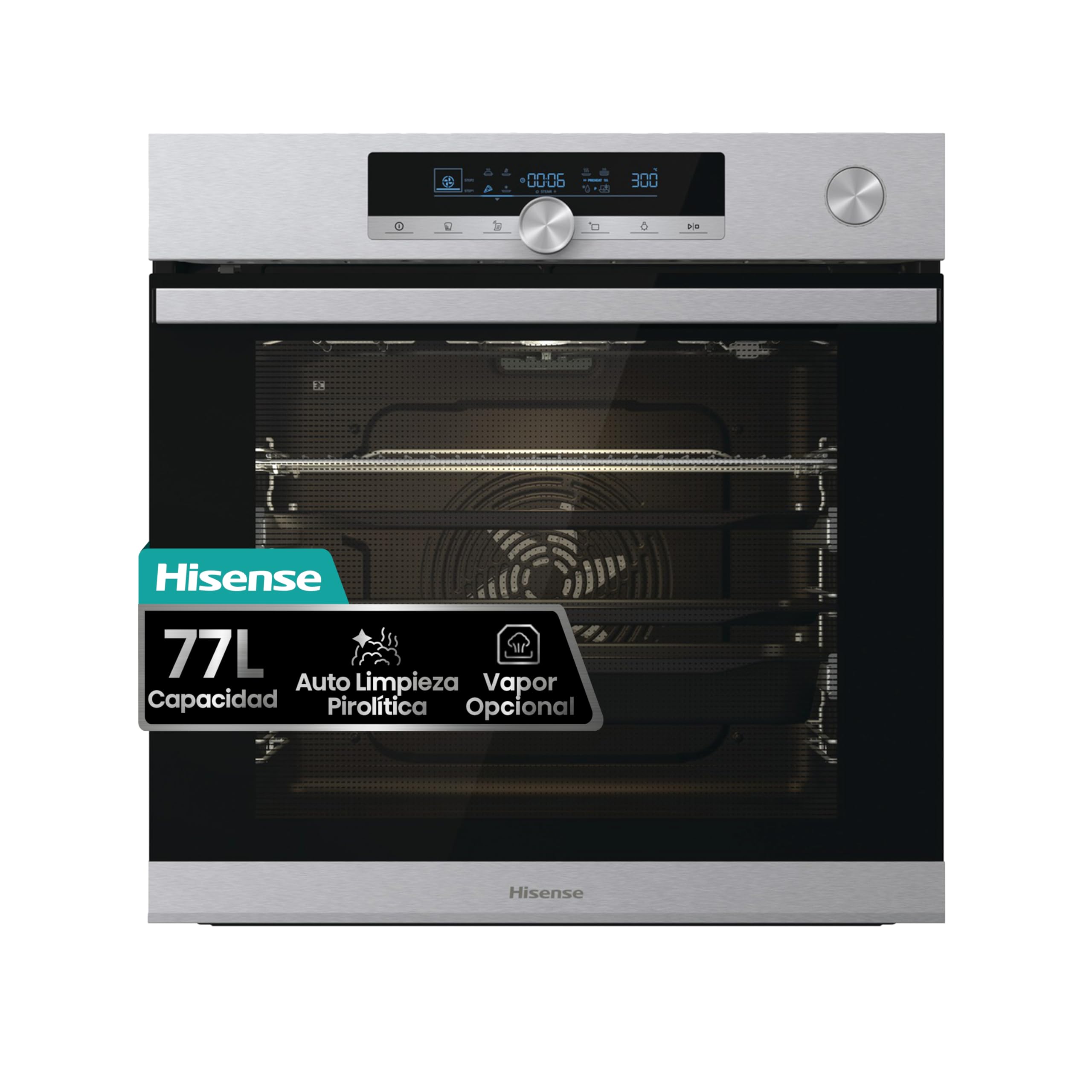 Hisense BSA66334PX Horno Pirolítico con Vapor 100% + Función Freidora de Aire sin Aceite, Gran Capacidad 77L,Cocción Simultanea 5 Niveles, ventilador XXL, Pizza mode 300º, Puertas removibles Inox
