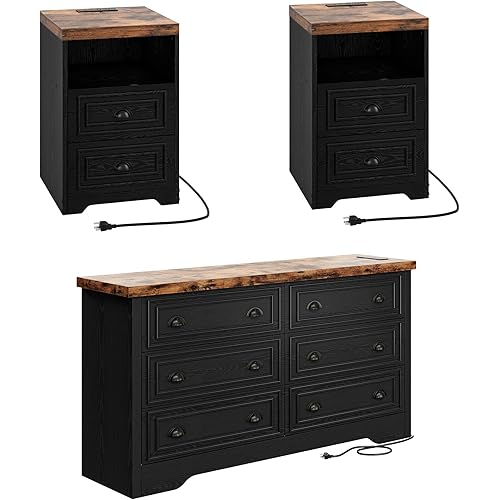 LIKIMIO Farmhouse Bedroom Set, Power Strip, 3 Pieces Bedroom Furniture Set, 6 Drawer Dresser and 2 Nightstands, Chest of Drawers Wide Storage Cabinet for Bedroom, Black