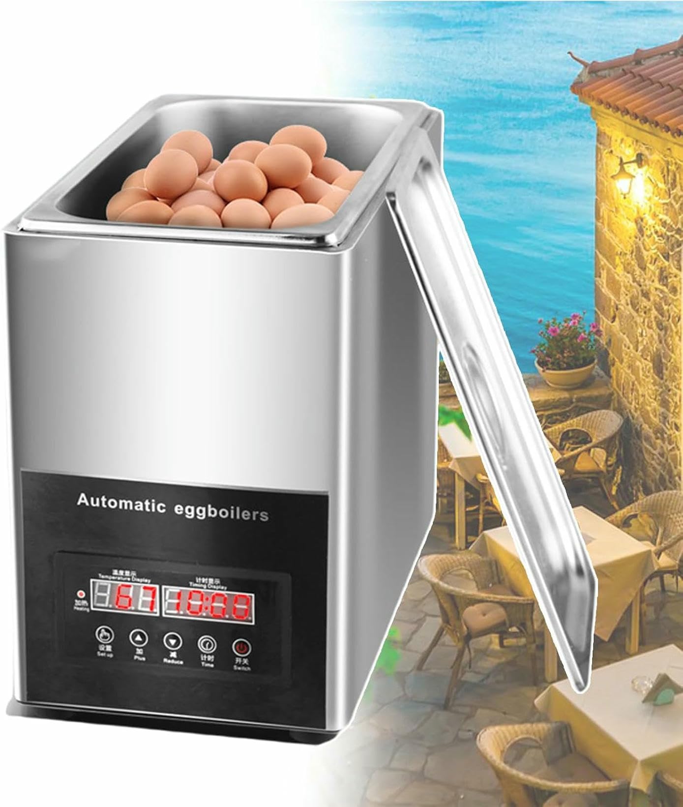 Cuiseur à œufs professionnel 9 L avec panneau de commande, appareil à omelette automatique, minuterie de 0 à 99 minutes, machine de cuisson des œufs 800 W, démarrage à une touche, plusieurs méthodes