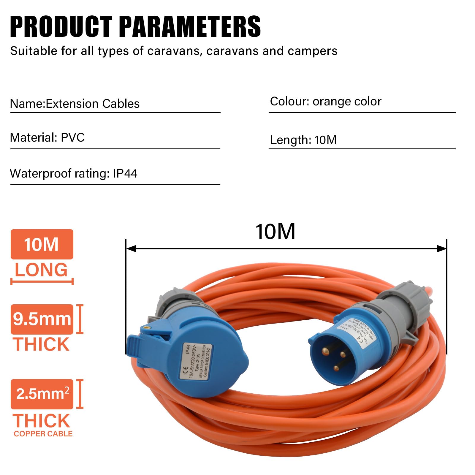10m Rallonge de Camping, Câble de Prolongation Industriel CEE 240V 3G2,5mm² en Couleur Signal Orange | IP44 adapté à l'extérieur, Prise CEE 16A avec, Robuste pour Camping & caravanes
