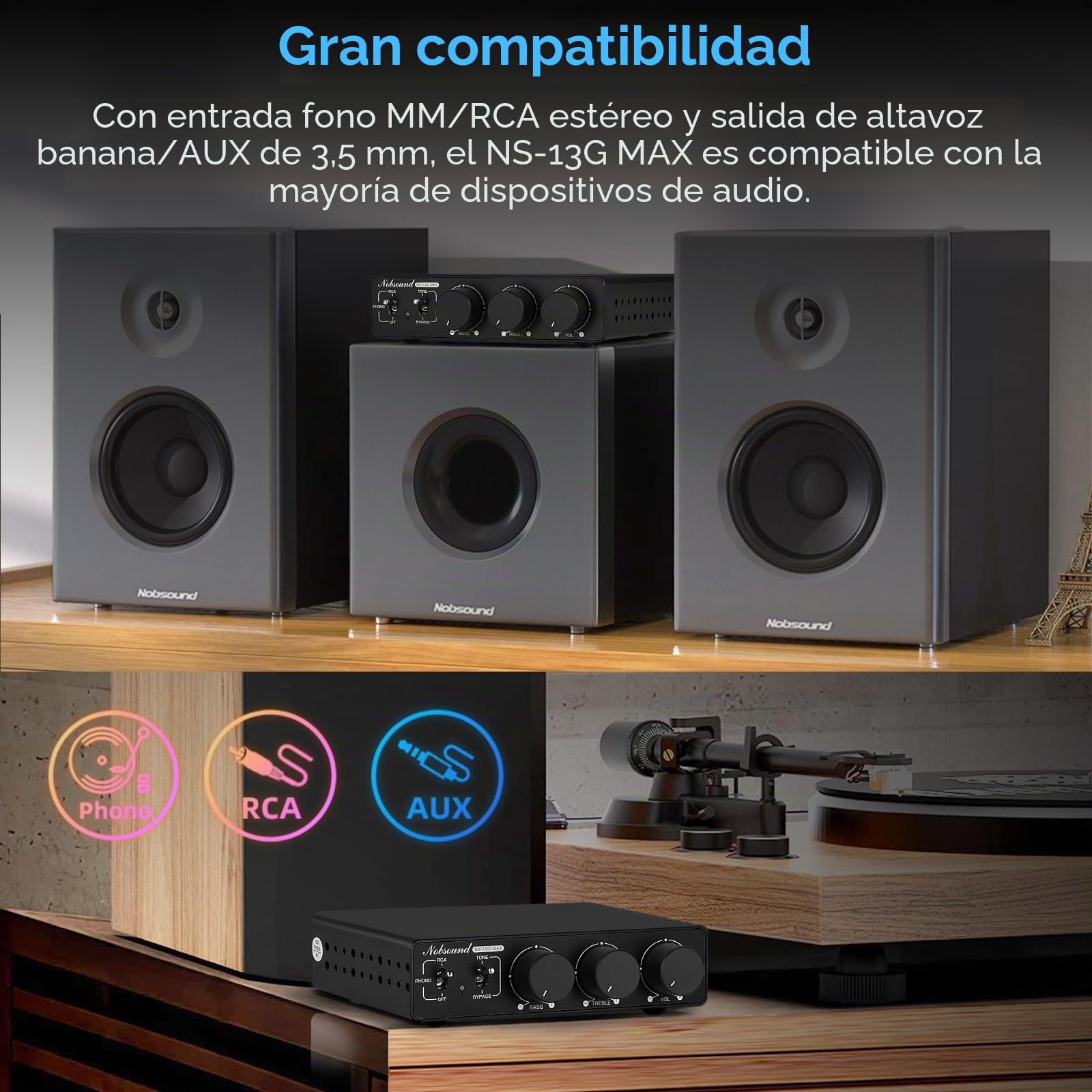 Nobsound HiFi Mini 2 canales estéreo Amplificador Clase D con Phono 600W (NS-13G Max)