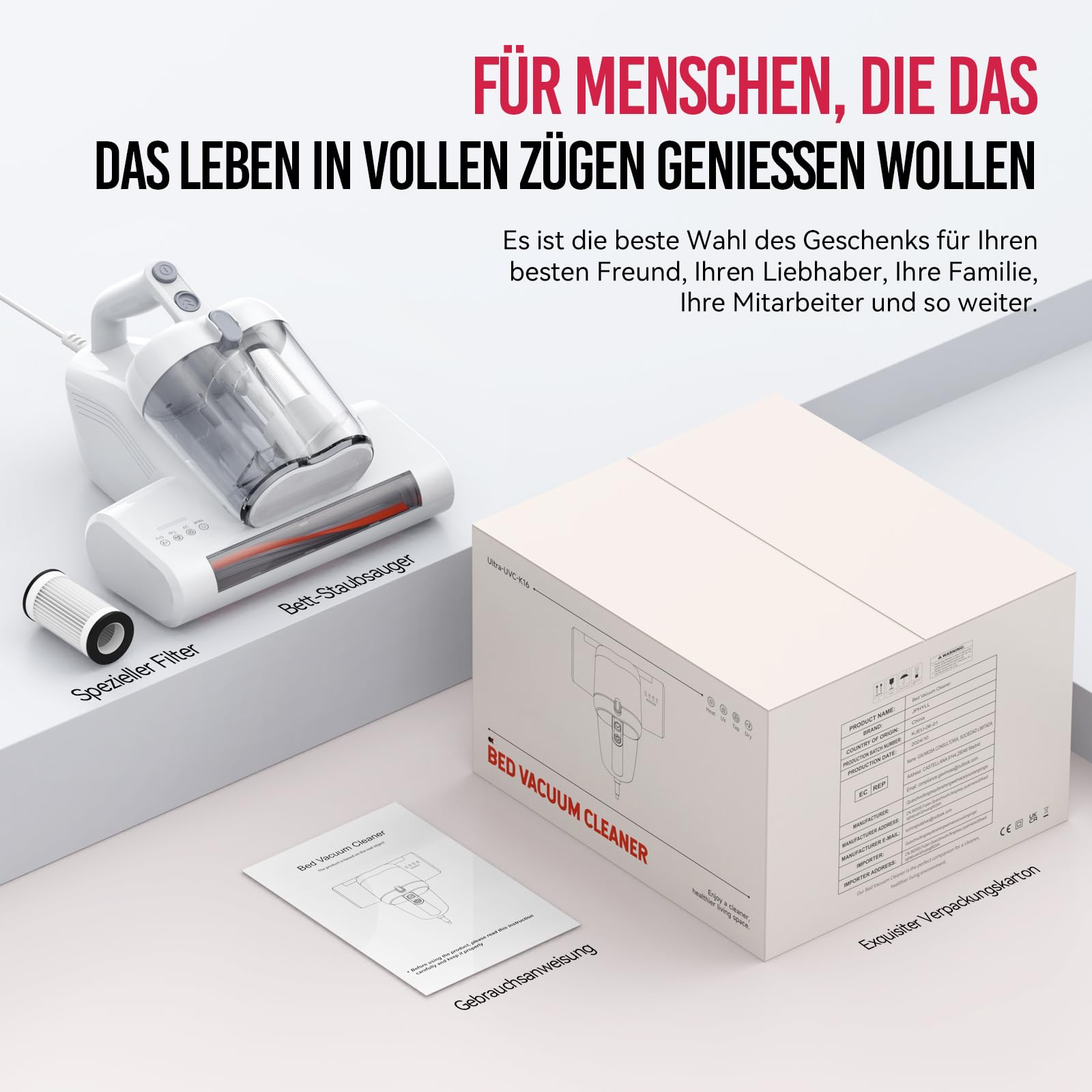Milbensauger für Matratzen mit UV-Licht, 16KPa, HEPA-Filter, Heißluftfunktion, Staubmilben-Sensor, 600W Handstaubsauger (Weiß)