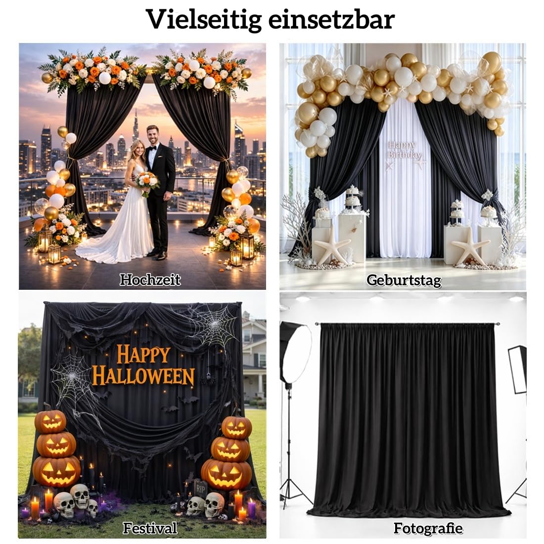 6 × 3,6 m schwarzer Hintergrundvorhänge für Partys und Hochzeiten | 4 Vorhangpaneele, je 1,5 × 3,6 m, aus dickem Polyester, knitterarm, waschbar und wiederverwendbar, mit 10 cm Stangentasche
