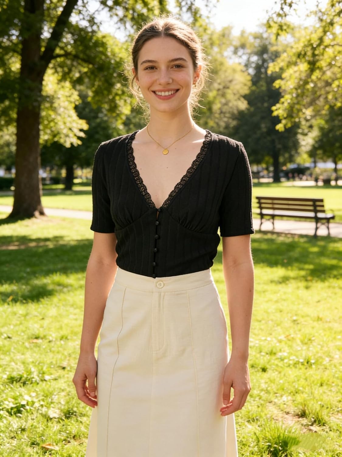 RIHOAS Women's Lace V Neck Shirts Button Fitted Tops Ribbed Lace Trim Tee Down Shirt Short Sleeve Blouses Top Black - Image 4