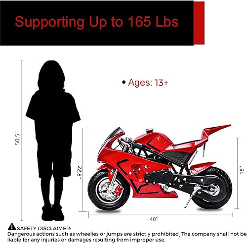 Miniatura 5 de FRP - Motocicleta de 50 CC de 2 tiempos para niños, neumáticos todoterreno, frenos de disco dual, velocidad máxima de 20 MPH, peso máximo de 165