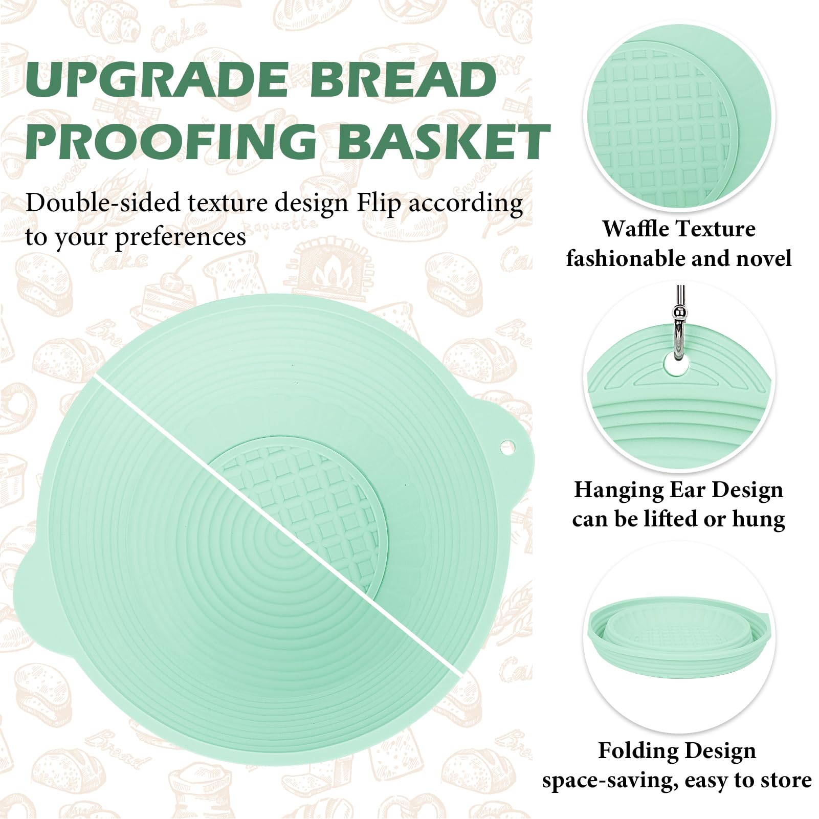 Silicone Banneton Bread Proofing Basket, 10 Inch Round & 10 Inch Oval Foldable Sourdough Proofing Baskets, Hanging Sourdough Bread Baking Supplies for Bread Making With Essential Tools, Green