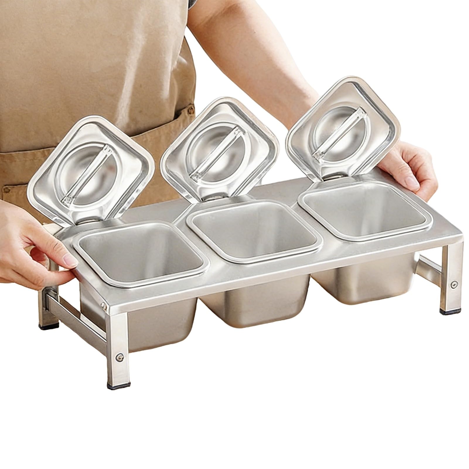 HADECOLL 2-Tier 304 Stainless Steel Pizza Topping Station, Counter Spice Rack Organizer, Condiment Tray For Kitchen Cabinet,With Lid-42X18.3X9.2~12.4cm