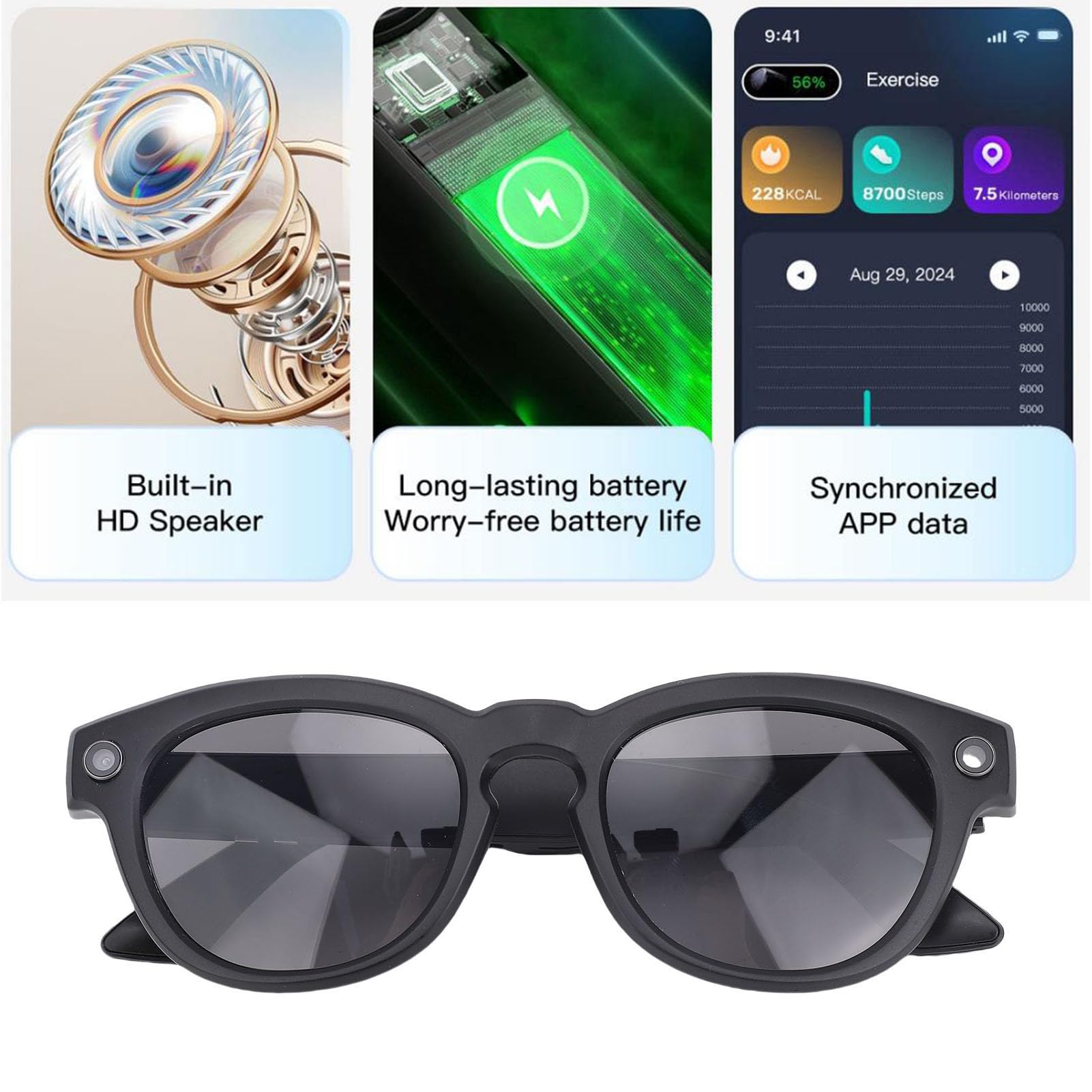 GOWENIC Occhiali Intelligenti, Traduzione in 11 Lingue, funzionalità Intelligenti Versatili, Occhiali Intelligenti con Fotocamera, con una Grande Batteria da 260 MAh, per Fotografia,