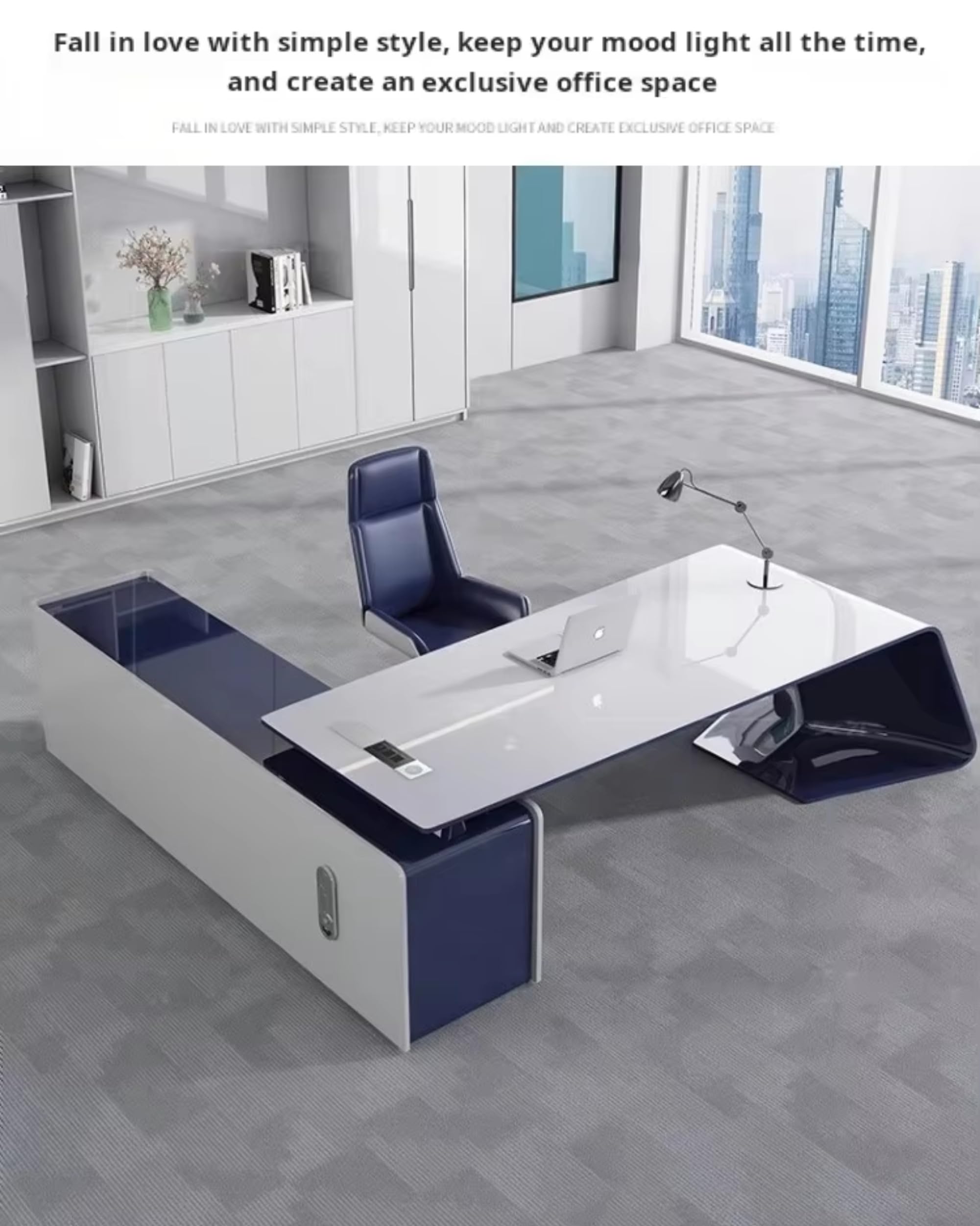 Moderner Schreibtisch mit linkem Schrank, hochglänzender L-förmiger Chef-Schreibtisch, Manager-Arbeitsplatz für CEO, Präsident oder Homeoffice (Stühle nicht enthalten) Left Cabinet 200cm/79in