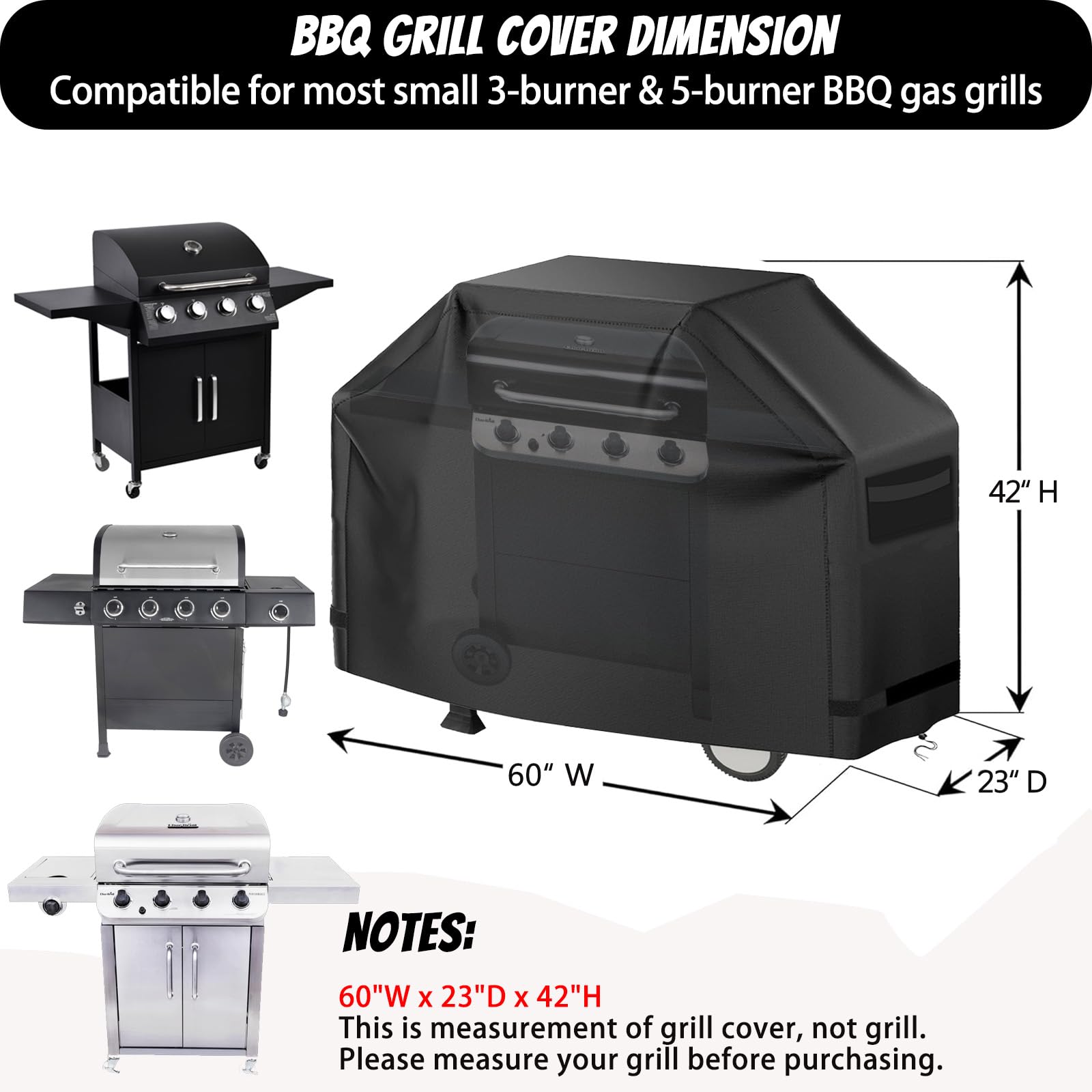 Cubierta de parrilla para barbacoa exterior de 60 pulgadas, cubierta de parrilla de gas 420D, cubierta plana a prueba de desgarros, impermeable, cubierta de barbacoa UV con asas, correas ajustables,