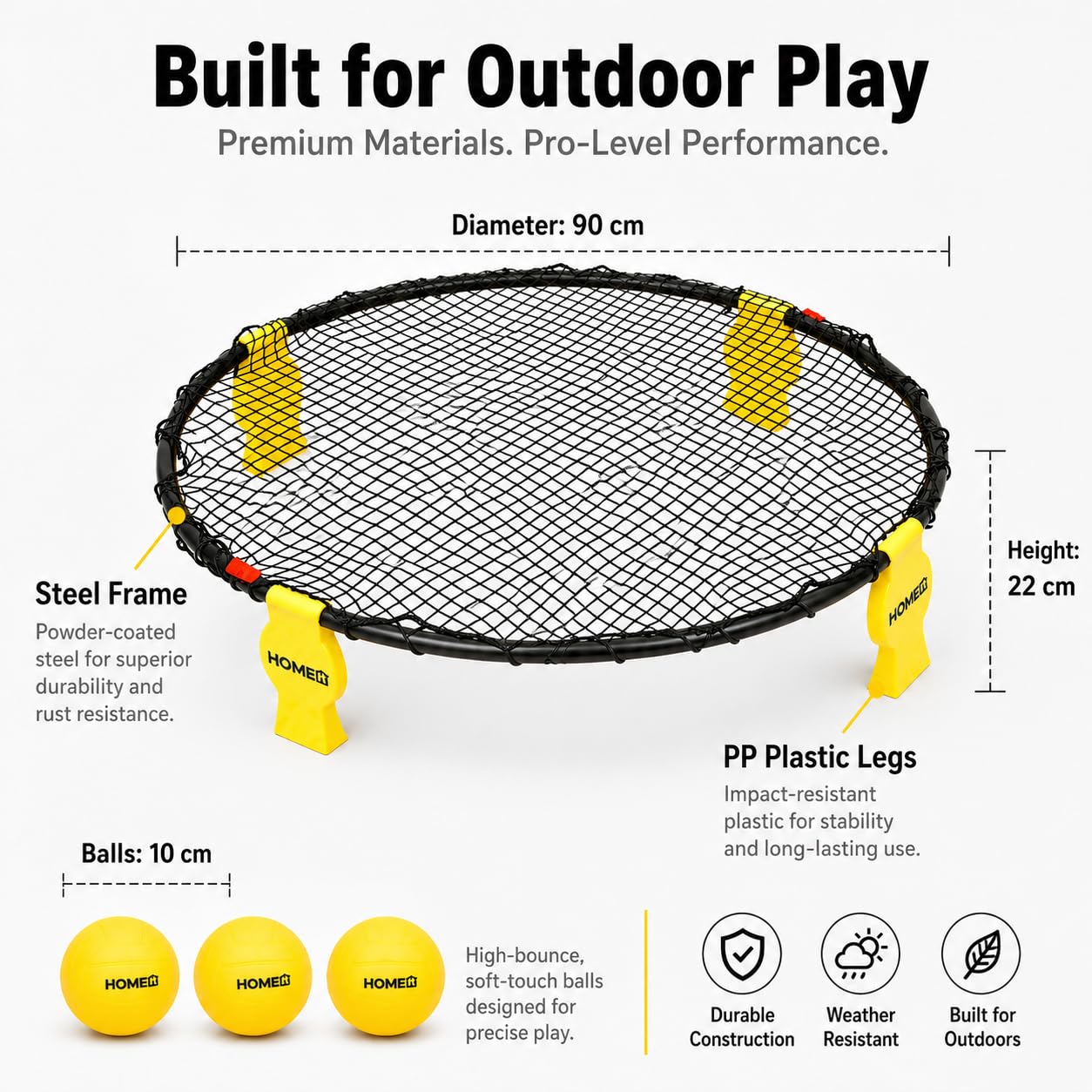 HOME IT® Bounceball Gioco 2 vs 2 con 3 Palline Ø10cm – Set Completo con Telaio in Acciaio e Gambe in Plastica PP – Incluso Pompa e Borsa – Gioco da Esterno 360° per Spiaggia Giardino e Parco