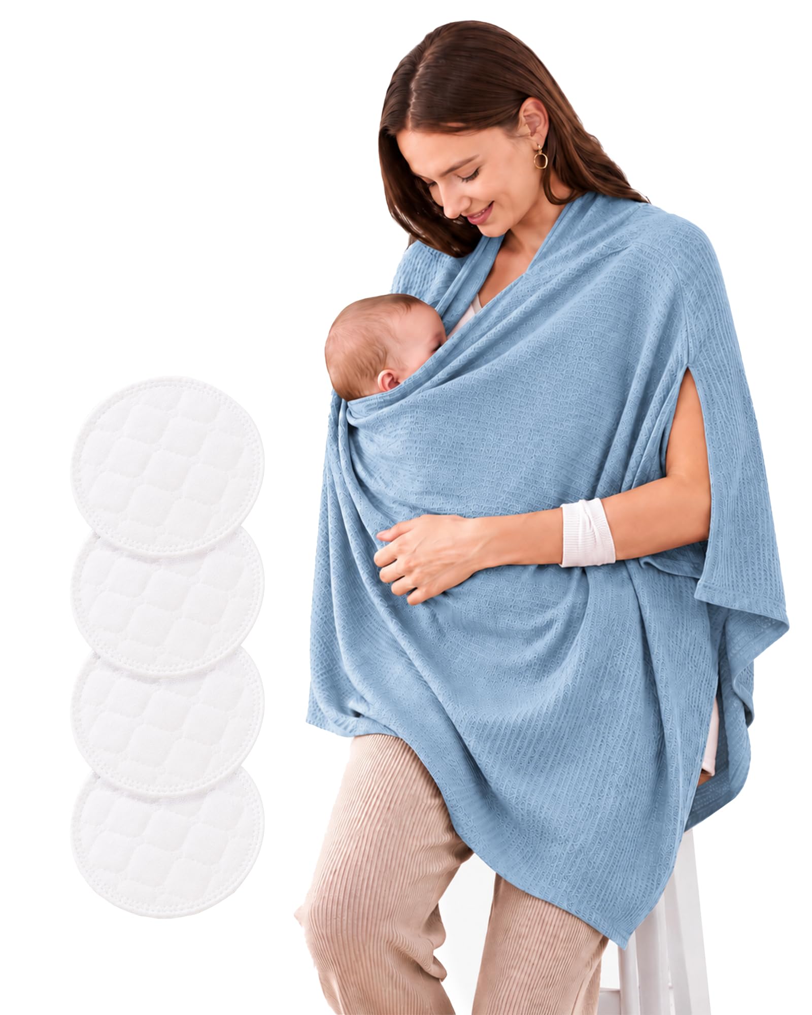 EOAMGO Breastfeeding Cover with Washable Breast Pads, Nursing Cover Breastfeeding Shawl for Mum,360° Soft Breathable Baby Feeding Cover Up, Multi Use Nursing Scarf for Breast Feeding Essentials