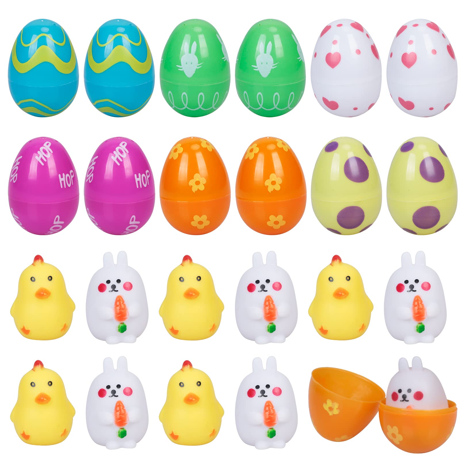 MONCAP 12pcs Filled Easter Eggs Easter Eggs with Rubber Bunny Chick Toy for Easter Eggs Hunt Basket Stuffers Fillers
