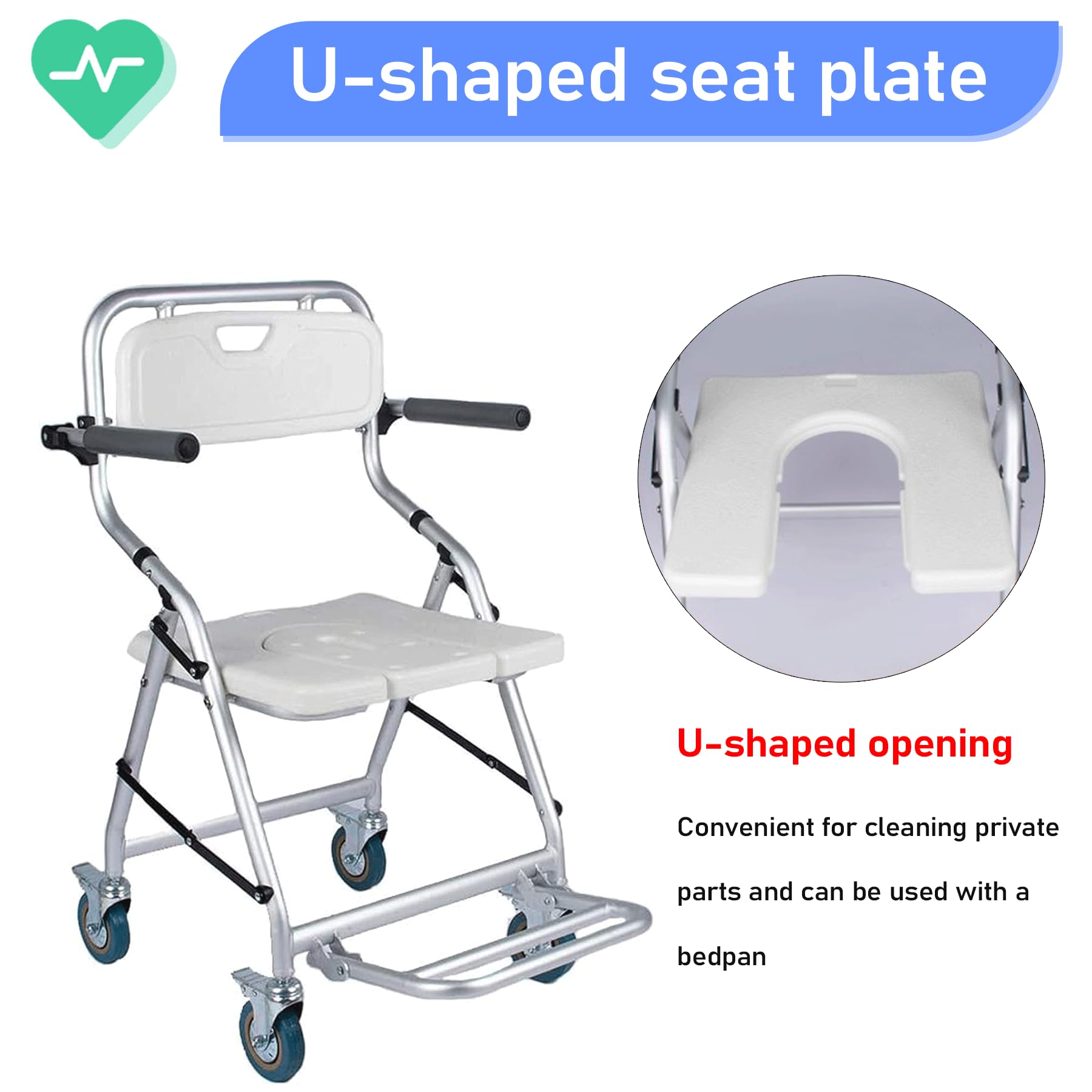 Taburete de Ducha Plegable con Ruedas para Personas Mayores | Taburete de Ducha con Reposabrazos y Respaldo, Sillas de Ruedas para Ducha, Reducir la Actividad para Evitar Lesiones