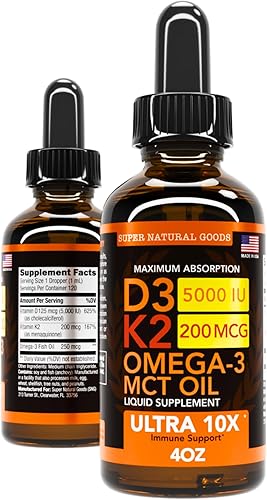 Vitamina D3 K2 Gotas líquidas de 5000 UI 4 onzas vitamina D K aceite MCT y Omega 3 huesos corazón articulaciones suplemento de apoyo muscular