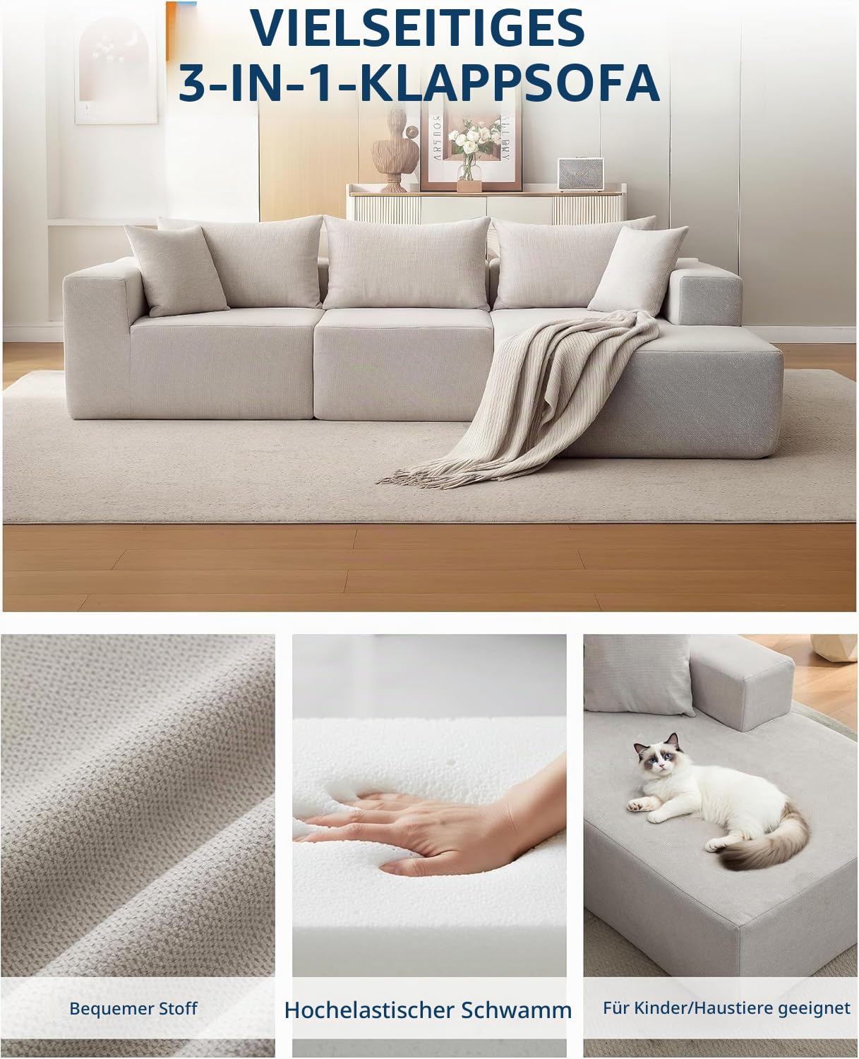 Acekool Ecksofa L-Form Schlafsofa 270 cm, aufbaufrei für Wohnzimmer