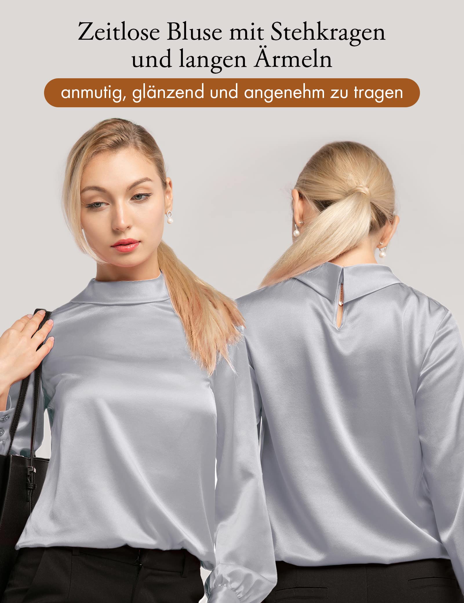LilySilk Frauen Seidenbluse Damenhemd Stehkragen Langarmshirt Schlichte Damenbluse für Arbeit oder Freizeit