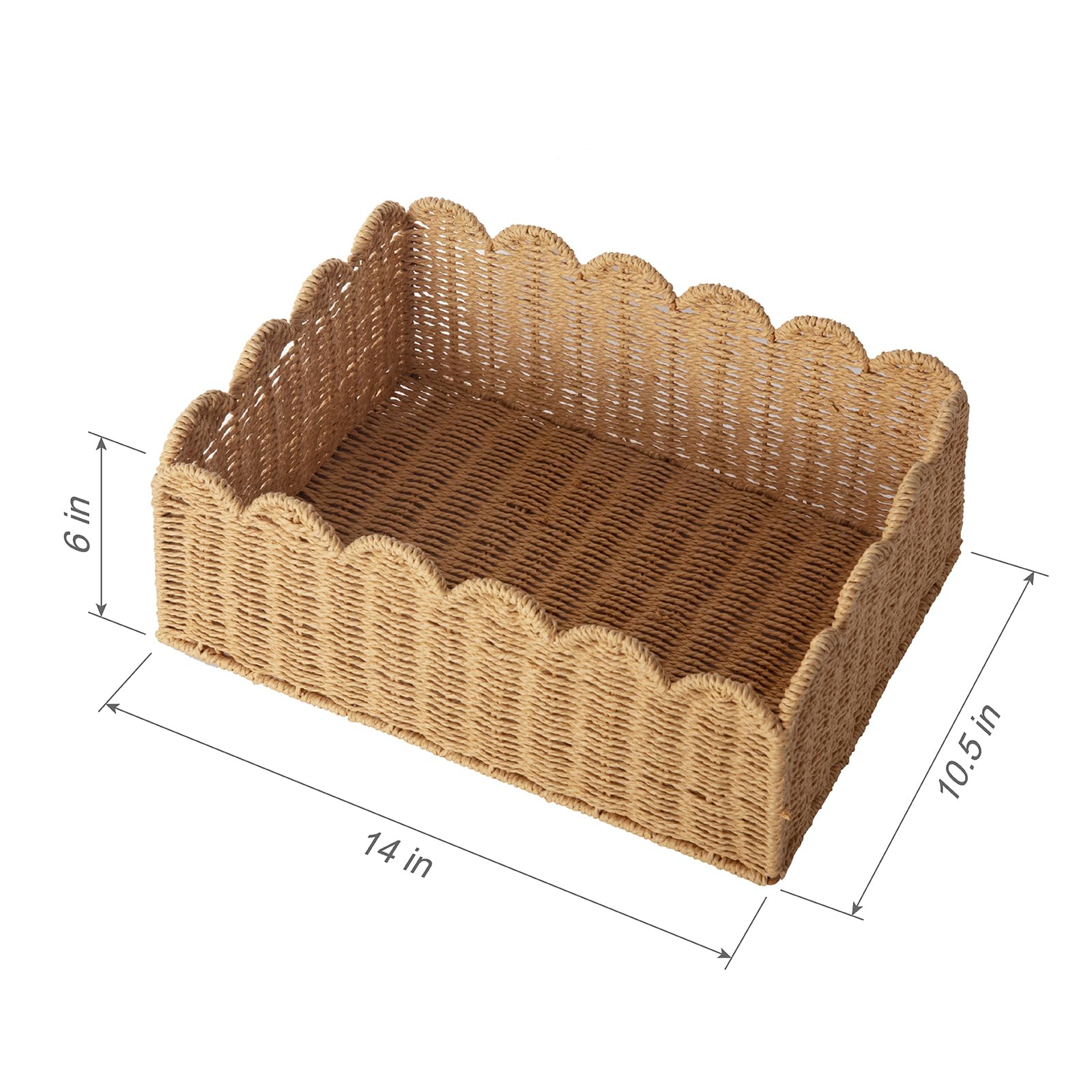 Cesta de mimbre con borde festoneado, cestas de almacenamiento tejidas a mano para estantes, cestas naturales para organizar (M-14 pulgadas de largo x 10.5 pulgadas de ancho x 6 pulgadas de alto)