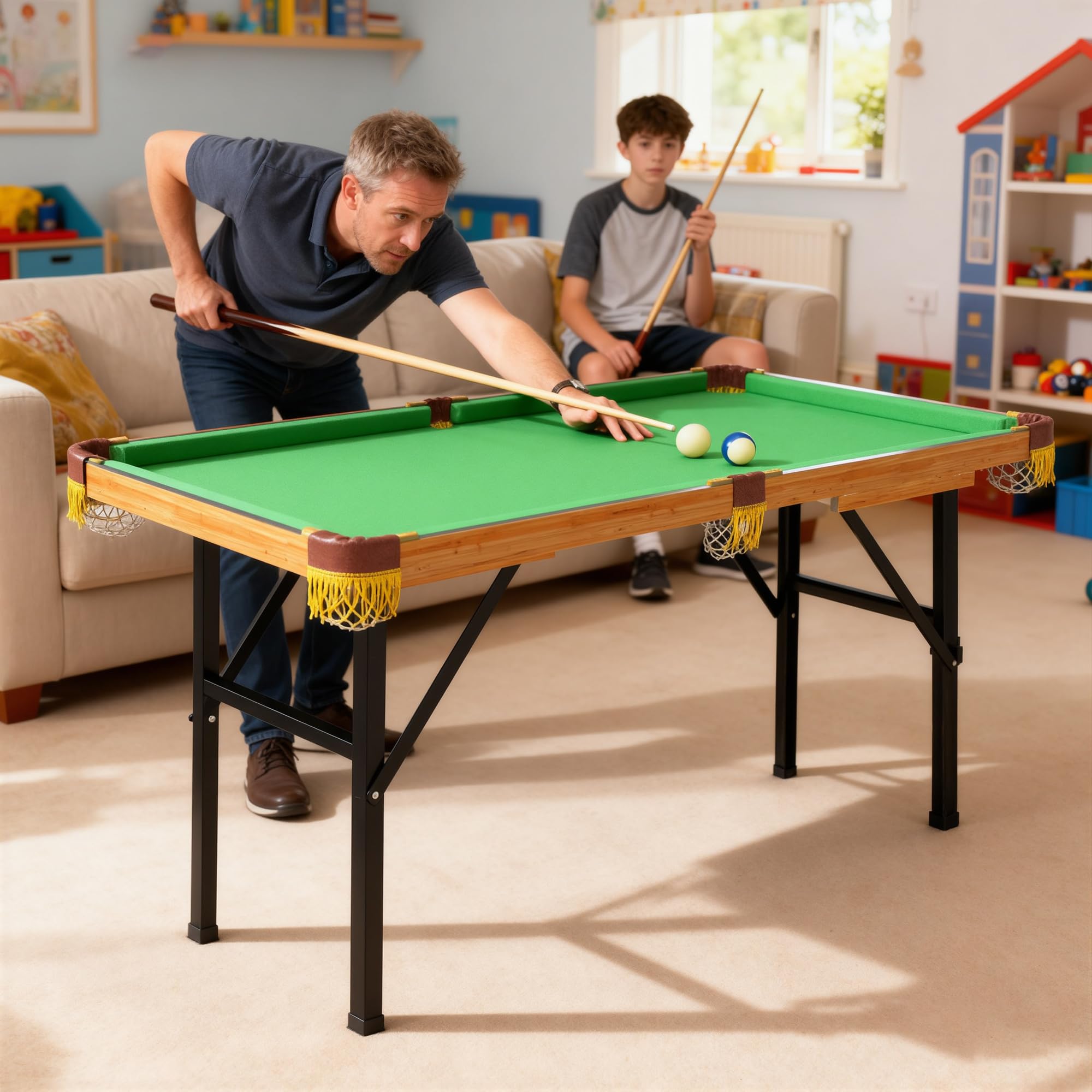 SPORTNOW Tavolo da biliardo pieghevole, mini biliardo, con 2 stecche, 16 palline, gesso e triangolo, con spazzola per biliardo, tavolo da biliardo per adulti, 120 x 63 x 73,5 cm