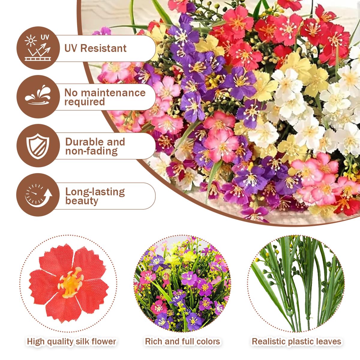 8 Piezas Flores Artificiales Exterior, Arbustos Resistentes a los Rayos UV, Plantas Artificiales Exterior, Flor Falsa Decorativas Exterior para Jarron, Jardinera, Balcon, Centro de Mesa