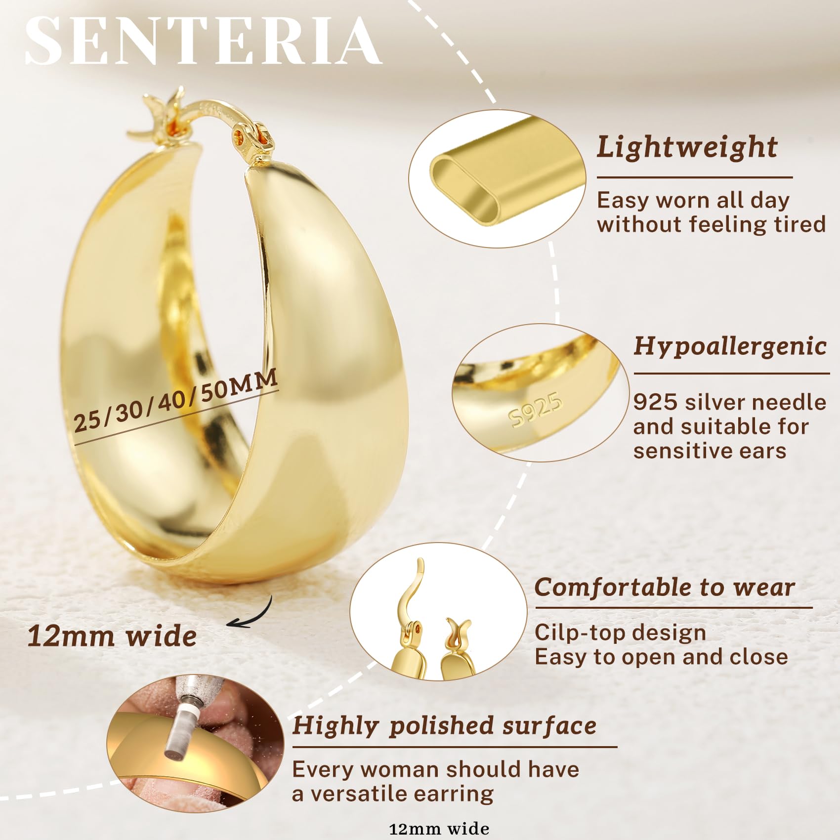 Orecchini Senteria in argento 925, orecchini a cerchio per donna, ipoallergenici, leggeri, larghi 12 mm, placcati in oro 14 carati, orecchini a cerchio grandi e spessi in oro per donna 25/30/40/50 mm