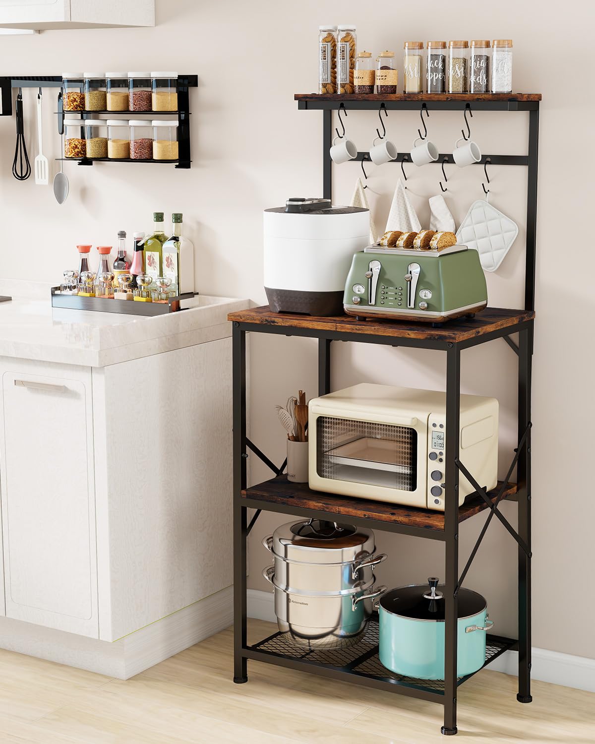 COMHOMA Étagère de Cuisine, Etagere Rangement pour Machine à Café, Étagère de Boulanger, 3 Étagères et 8 Crochets, pour Four à Micro-Ondes, Réglables, Cadre en métal, 55x37x126cm, Marron Rustique
