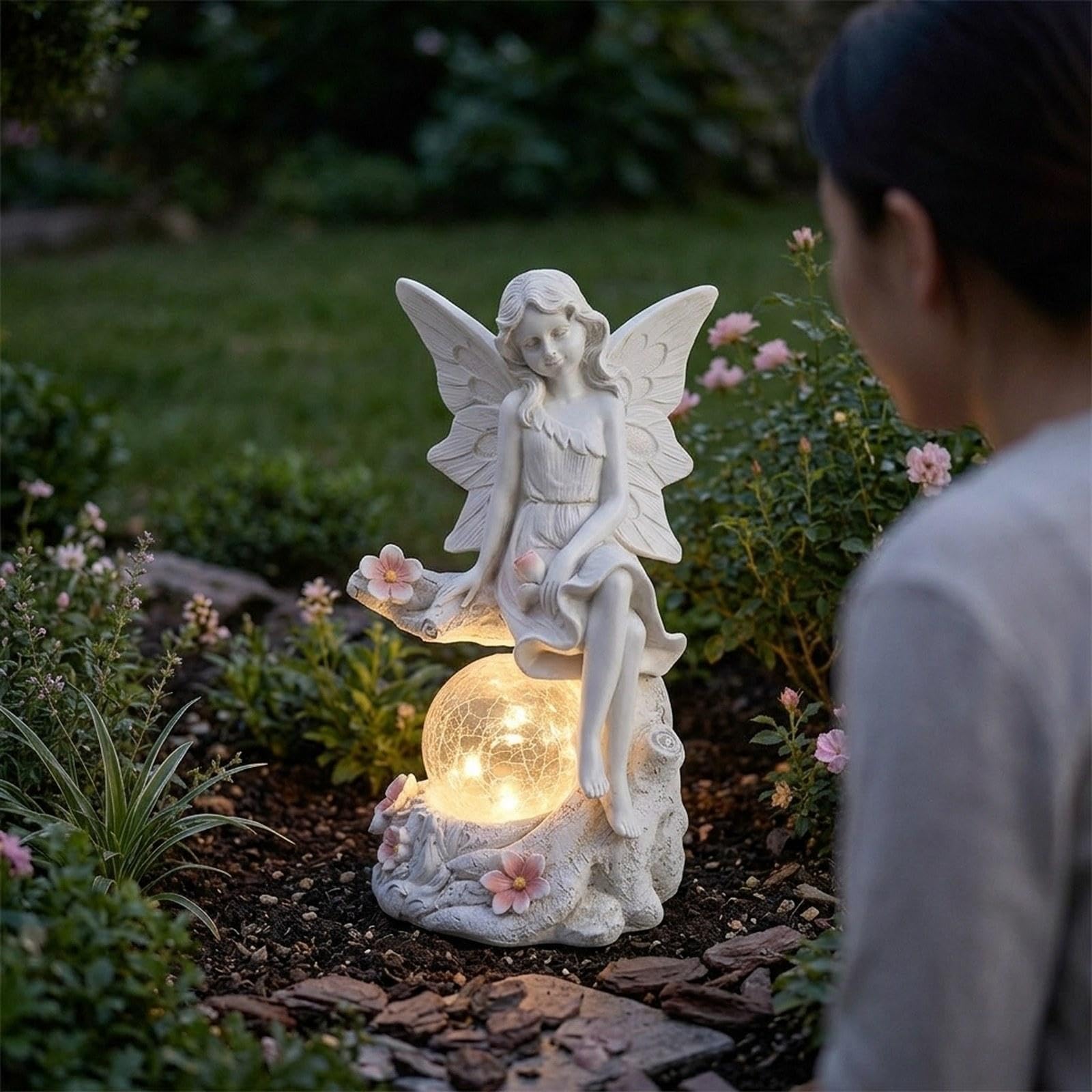 Figura Decorativa para Exteriores, Figura de Resina con Luz Solar para Y Jardines, Blanco