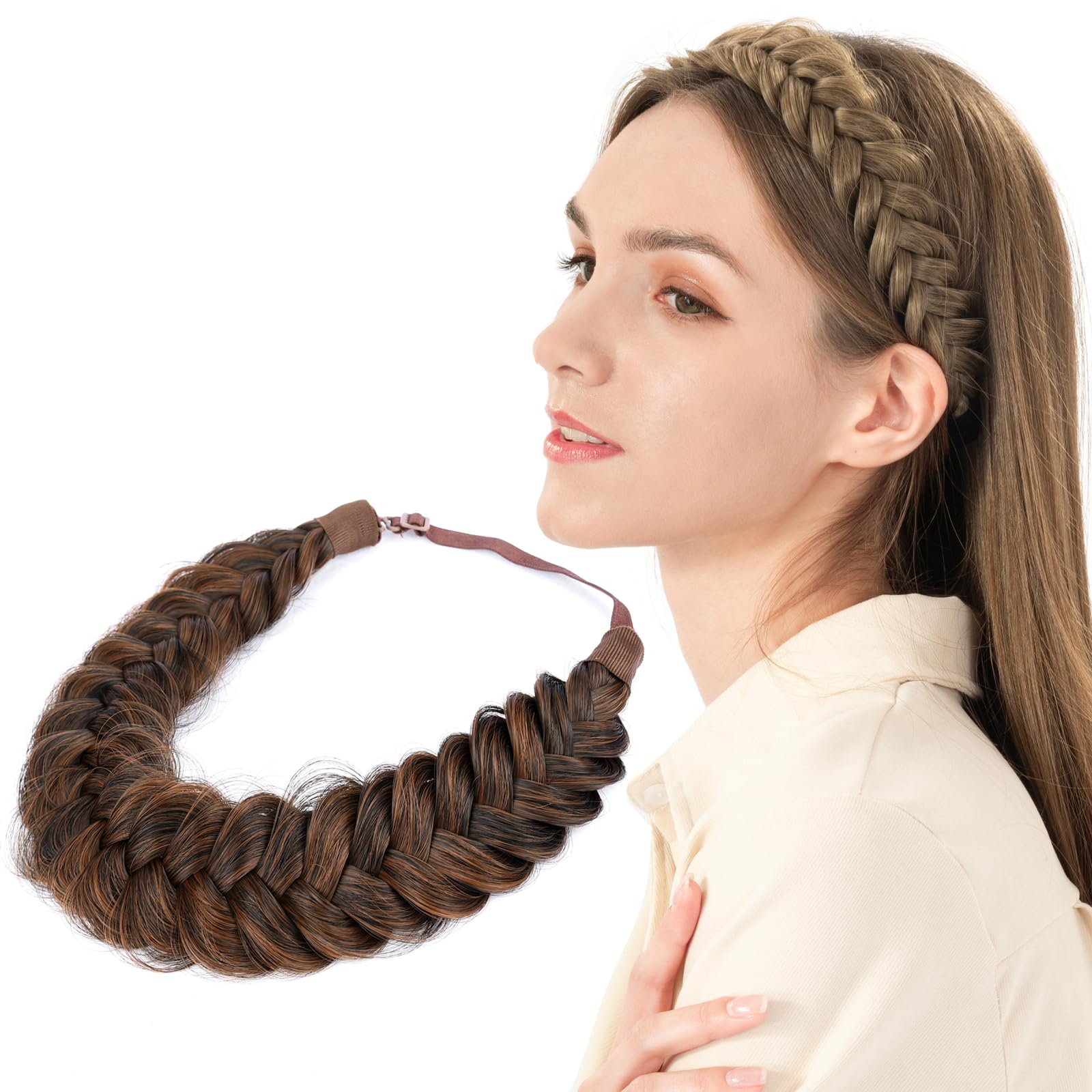 BOBIYA Messy Wide 2 Strands Synthetic Hair Braided Headband Classic Chunky Hair Braid Elastic Stretch Braid Headbands for Women Girl (Auburn)