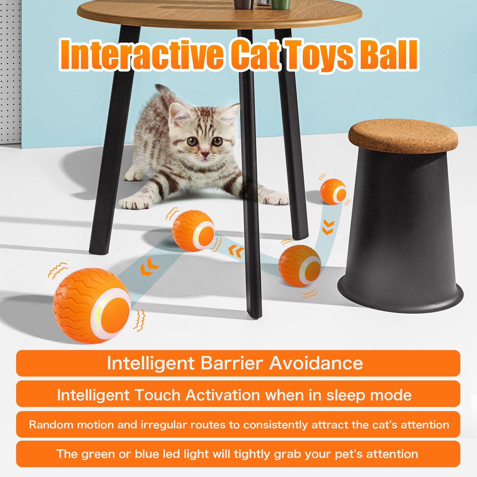 ICYAIR Interactive Cat Toy Balls, Automatic Smart Moving Cat Toy Self Play for Indoor Cats, Rechargeable Power Rolling Ball with LED Light for Kitten Kitty to Excercise Chase (Orange) 1