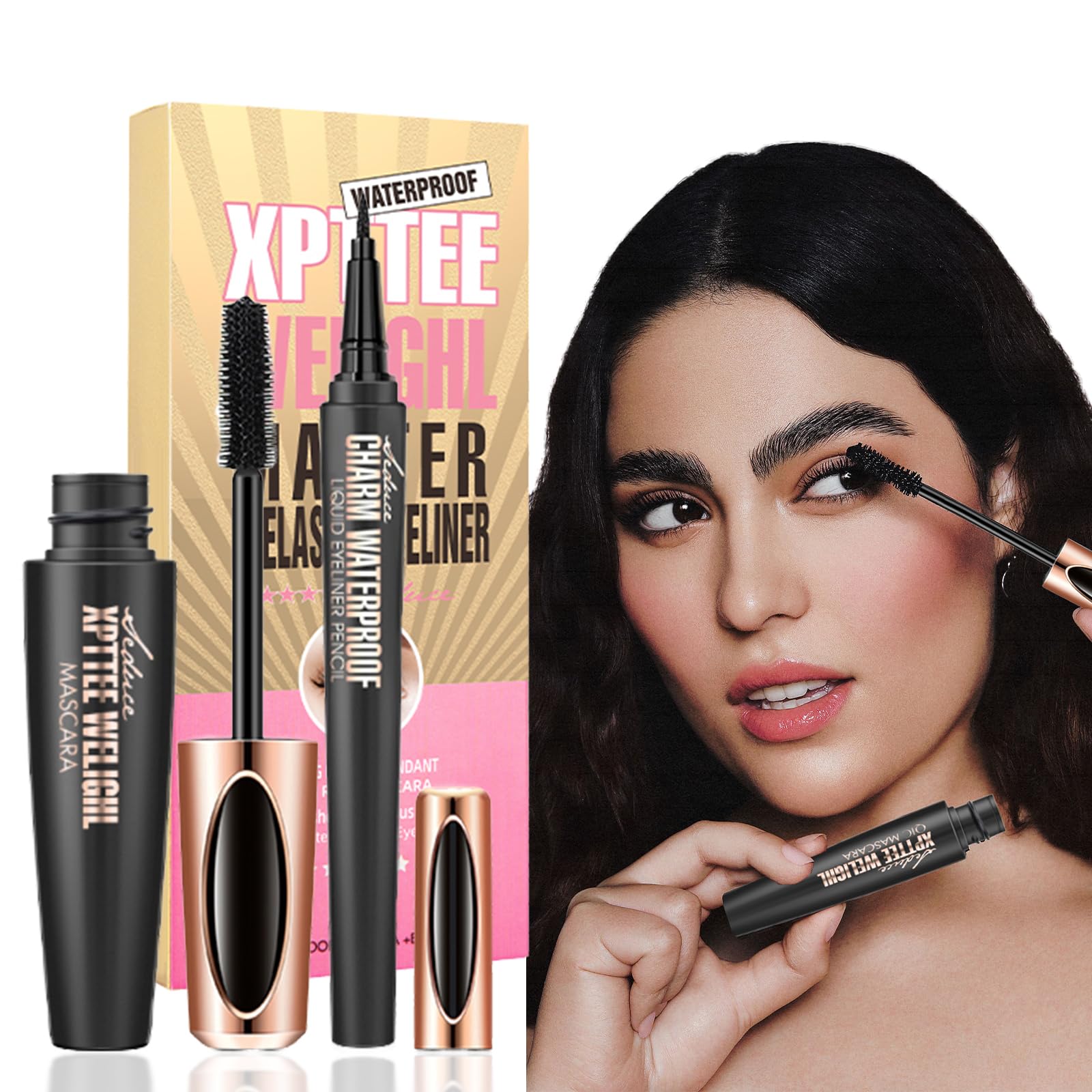 Máscara Waterproof de Pestañas 4D,Delineador Ojos Negro Líquido,Eyeliner Líquido Mate,Mascara Eyeliner Set,aquillaje ojos natural para alargar,dar volumen,larga duración（1g+10ml）