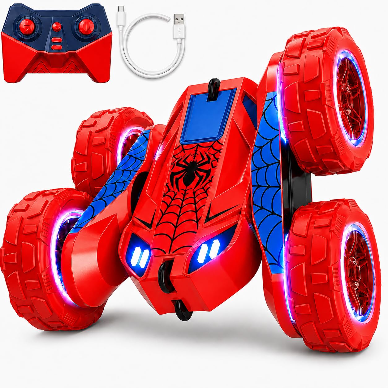 MaxTronic USB-C Dual Direct Charging Remote Control Cars – High/Low Speed 15km/h, 360° Flips, LED Lights, 4WD Off-Road, 2.4GHz Rechargeable Stunt Car, Durable RC Toy Gift for Boys Girls Age 3-12