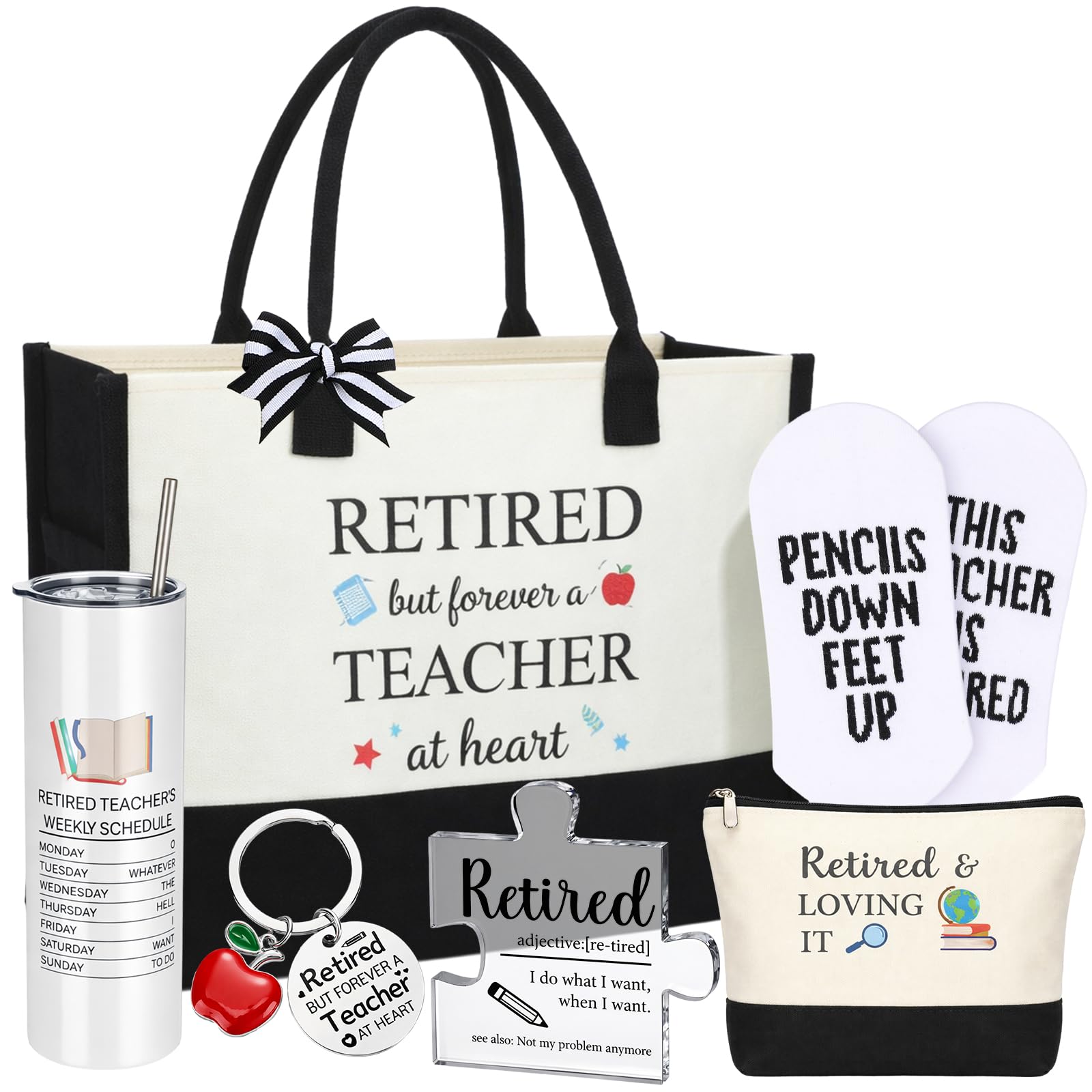 Photo 1 of Patelai 6 Pcs Retirement Gifts for Teacher, Retirement Gifts for Teacher Friends Mom Grandma Retirees, Farewell Leaving Going Away Gift with 20oz Tumbler and Canvas Tote Bag