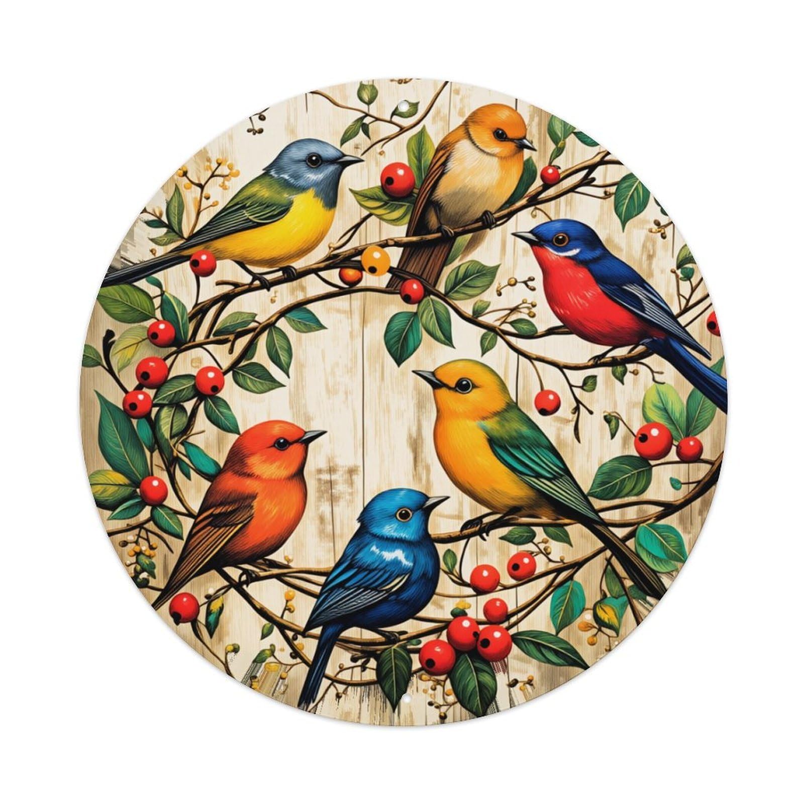 Colorful Birds On Branches With Berries Round Tin Sign Retro Metal Sign for Cafe Bar Pub Home Game Room Gym Club Wall Decoration Vintage Metal Poster 8x8 Inch