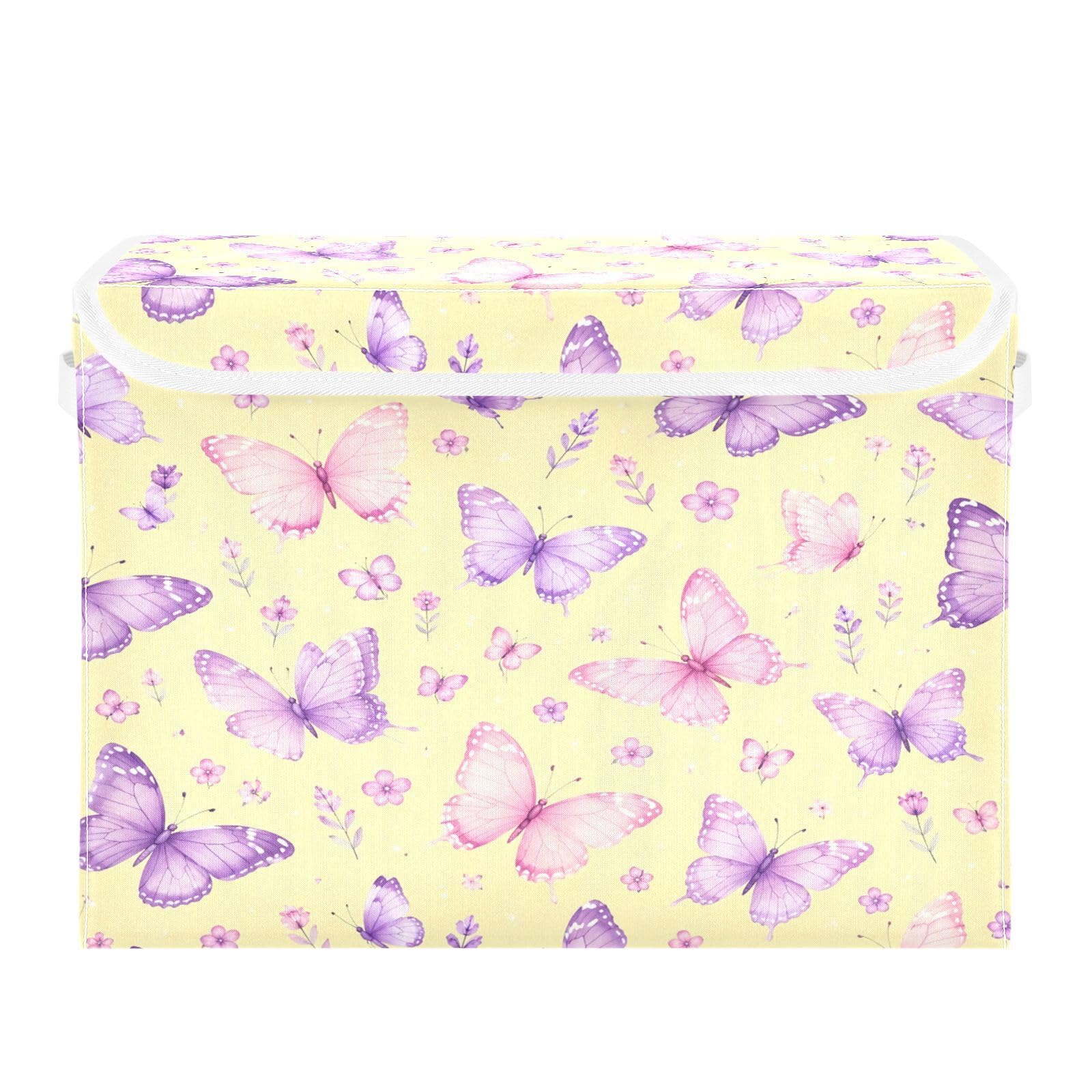 Ewusp Butterfly Fabric Storage Bin with Lid, Decorative Foldable Storage Basket with Handles, Stackable Closet Shelf Organiser Box for Clothes, Books, Bedroom, Living Room
