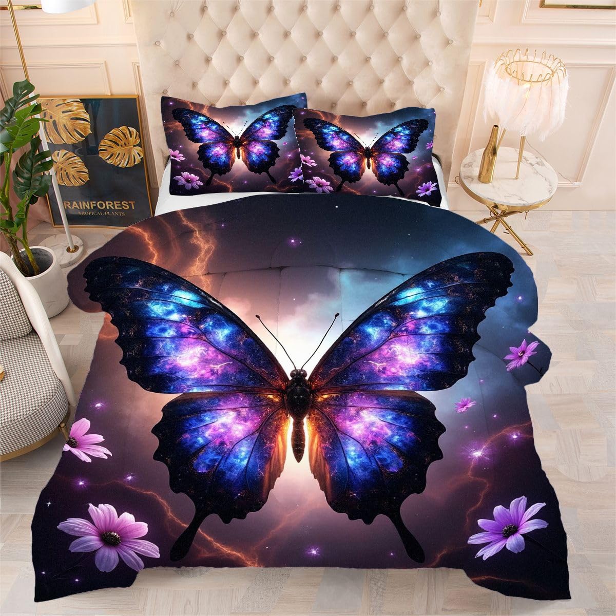 F273 Kołdra 220 x 240 cm, fioletowy motyl, miękka kołdra dwuosobowa, pikowana do sypialni, 3-częściowa pościel (1 koc 220 x 240 cm + 2 poszewki na poduszkę 80 x 80 cm)