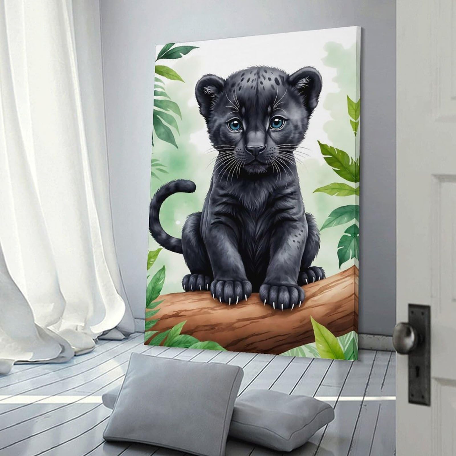 Junmoney Frame-Style Canvas Wall Decor Panther Animal Watercolor, 08X12inch(20X30cm), For Home Lounge, Bedroom Or Reading Nook, Eye Catching Artwork For Blank Walls
