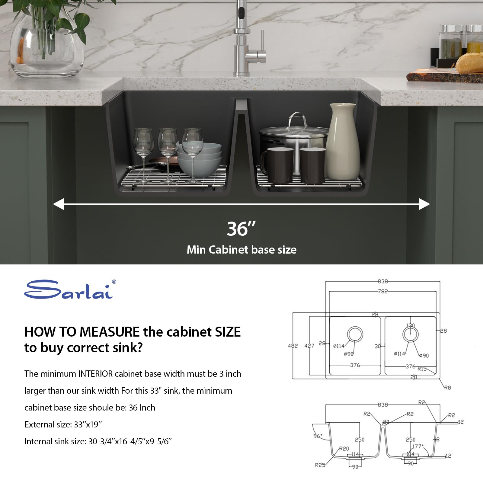 33 Black Kitchen Sink Double Bowl Sarlai 33x19 Inch