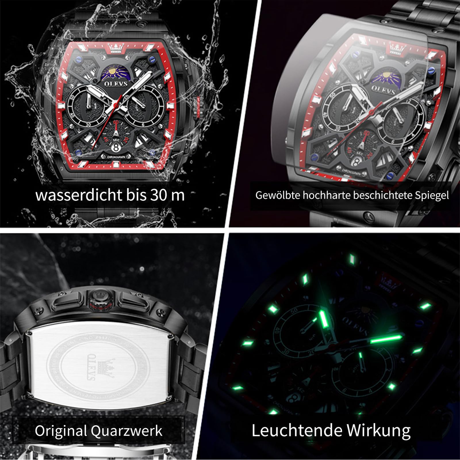 OLEVS Orologio da uomo con cronografo, grande quadrato, in acciaio inox, al | Tonneau Design, orologio da polso con grande quadrante da 44 mm, impermeabile fino a 30 m, con fase lunare, luminoso