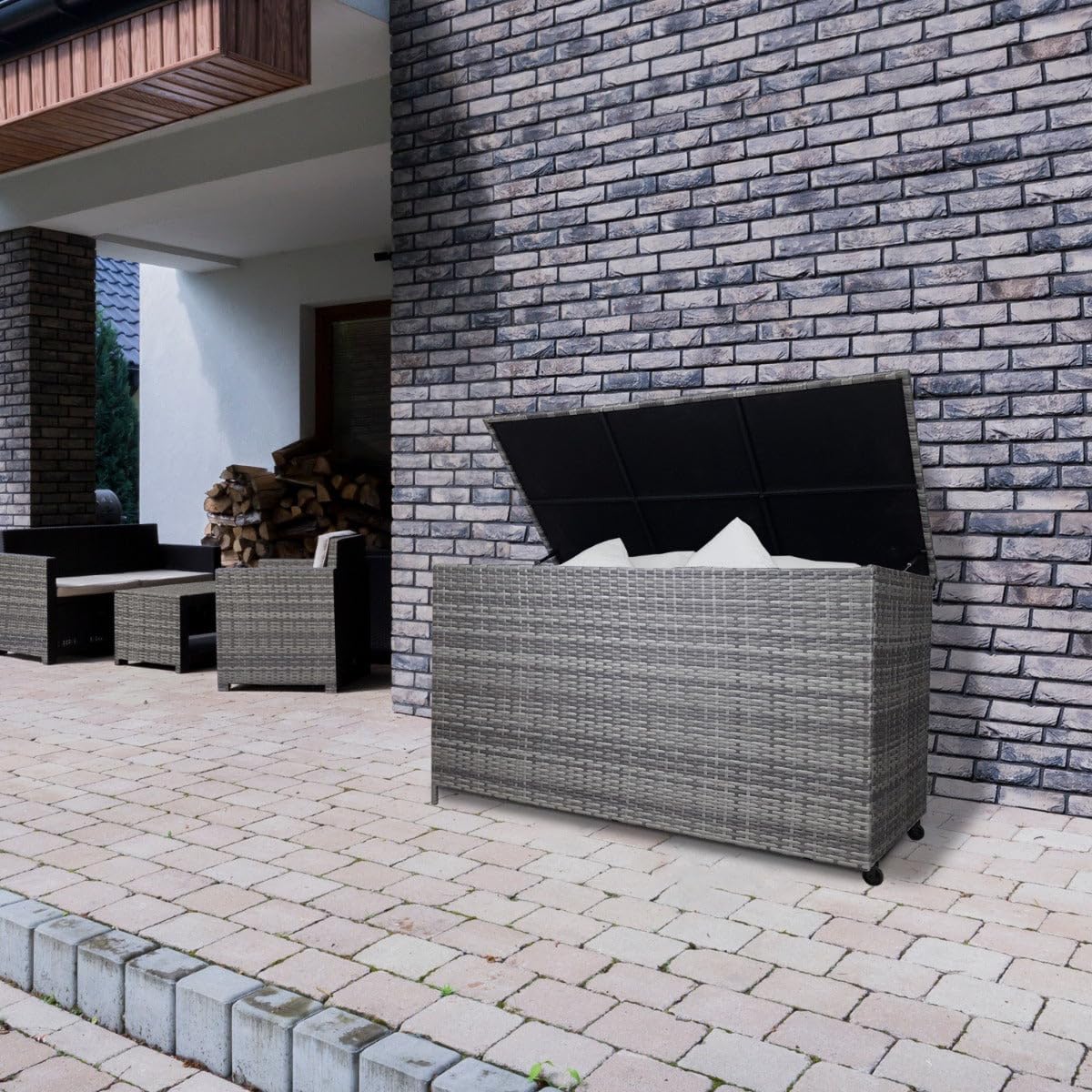 582L Rattan Kissenbox & Wasserdichte Tragetasche | Outdoor Truhe für große Kissen Decke Werkzeug Spielzeug Möbel | Mit Stahlramen, Gasbetriebener Liftdeckel & Rollen | UV- & wetterbeständig [Grau]