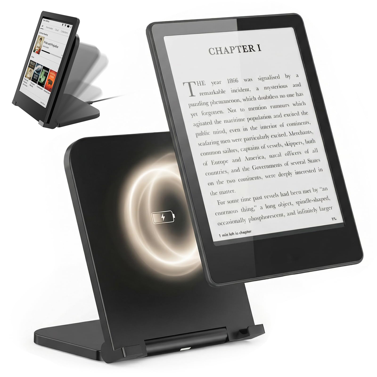 Doohoeek Foldable Wireless Charging Dock for Kindle Paperwhite Signature (2022/2024), Colorsoft & Galaxy Ebook – Compact Charger Station with Adjustable Angle, Auto‑Stop Safety