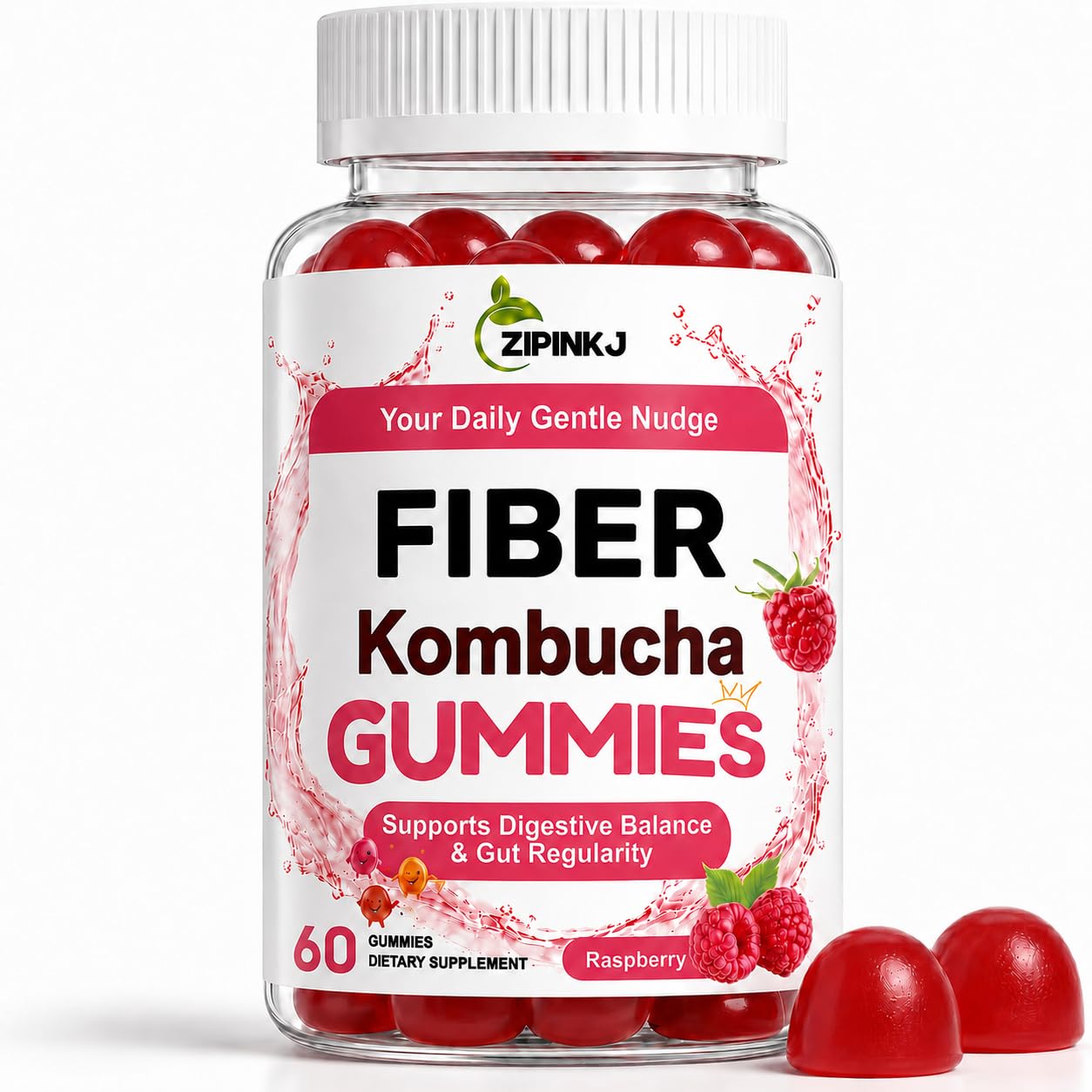 ZIPINKJ Gomas de fibra de kombucha com prebióticos, probióticos e pós-bióticos, 4 g de fibra por porção, 60 gomas