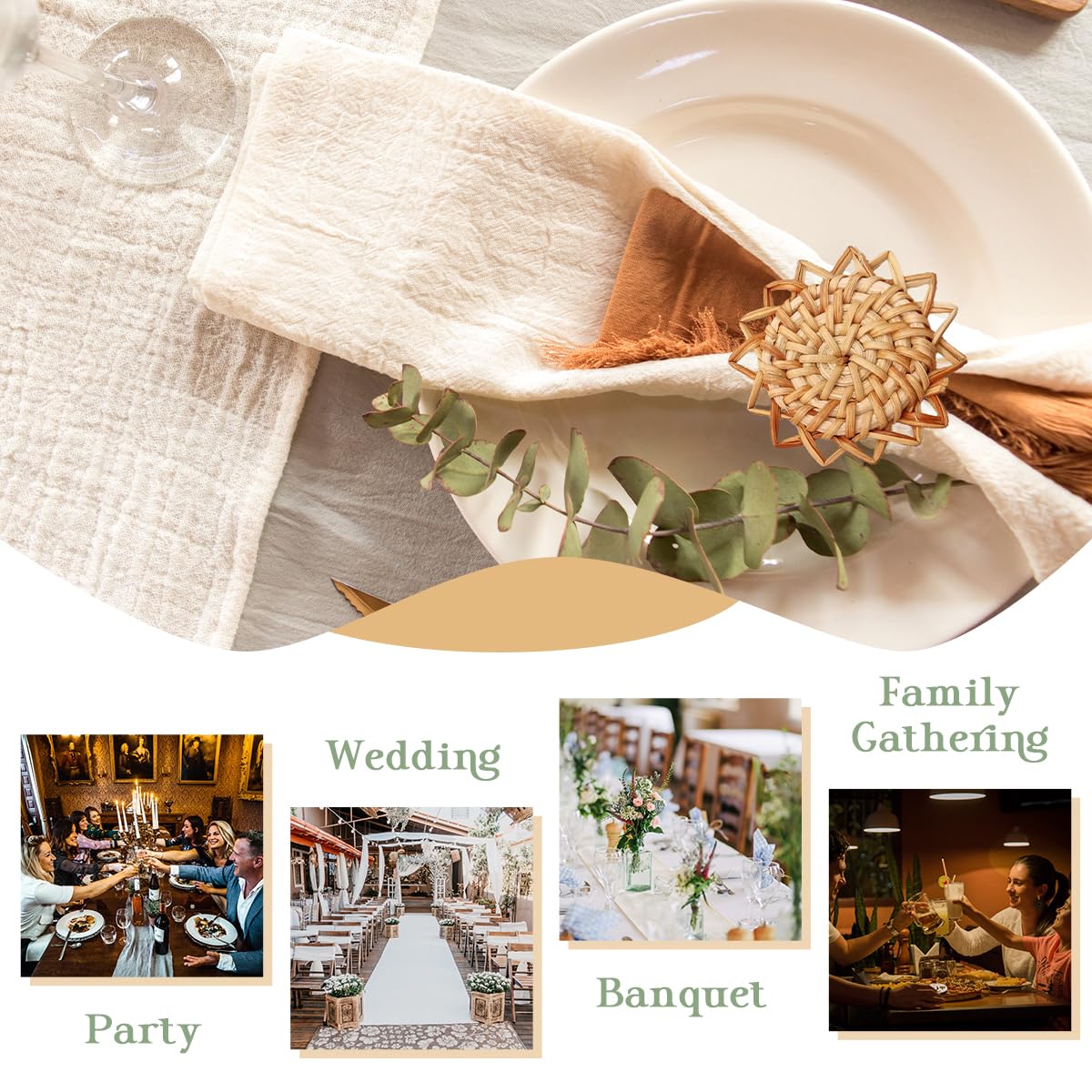Decor Essentials Set 6 Portatovaglioli In Rattan - Fatti A Mano, Stile Bohémien E Rustico Per Matrimoni E Feste - 3