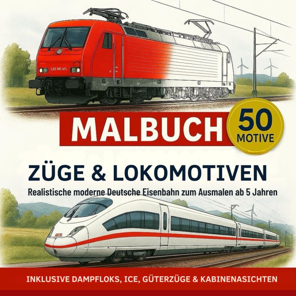 Züge Malbuch für Kinder und Erwachsene: Deutsche Eisenbahnen zum Ausmalen – Geschenk für kleine und große Zugfans: Realistische und moderne Züge zum Ausmalen – ab 5 Jahren