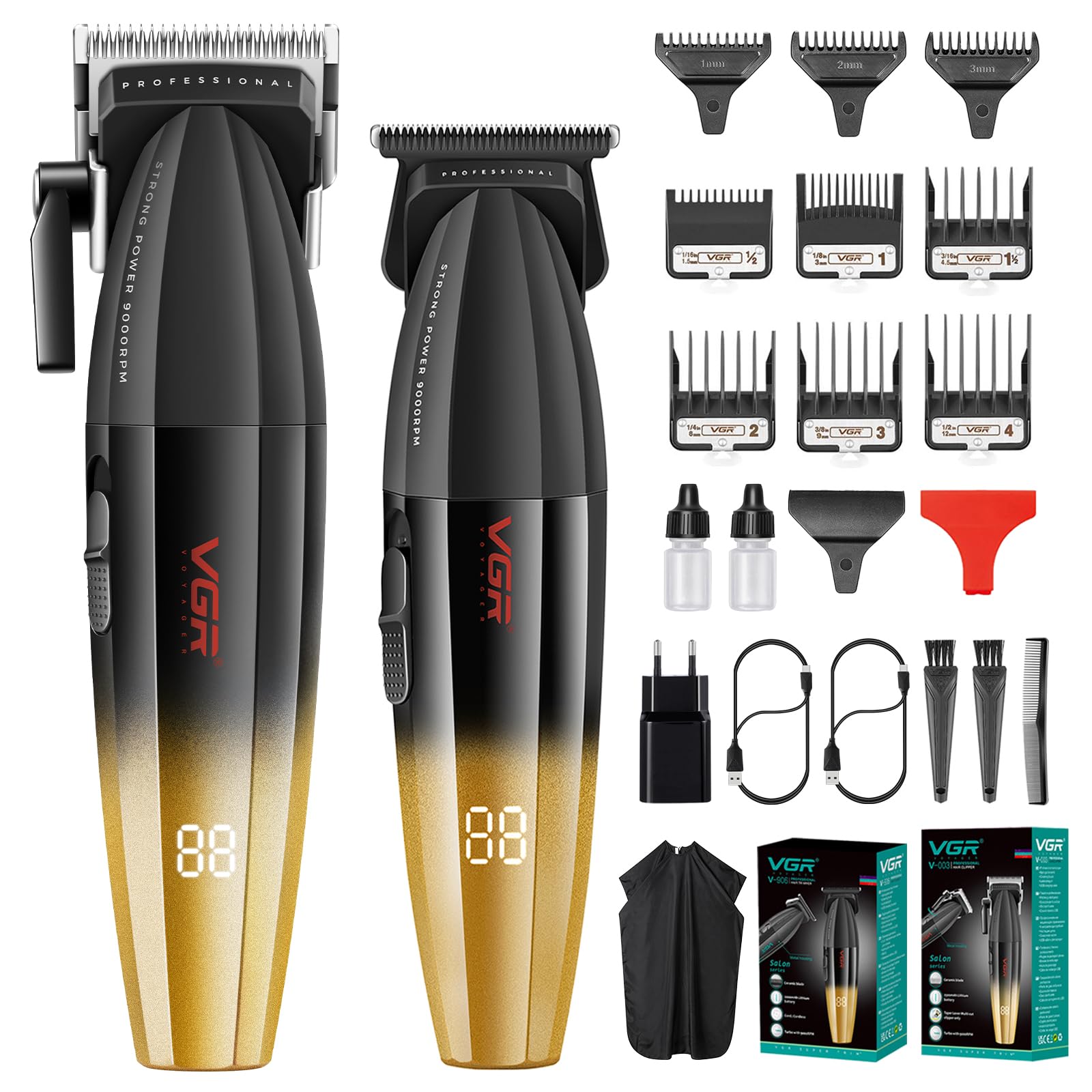 VGR Haarschneidemaschine Set für Herren Professioneller Haarschneider Haartrimme Kit Barber Friseur Pflegeset Zero Gap T-Blade Trimmer mit 9 Führungskämmen für Haare, Bart, Konturenstyling