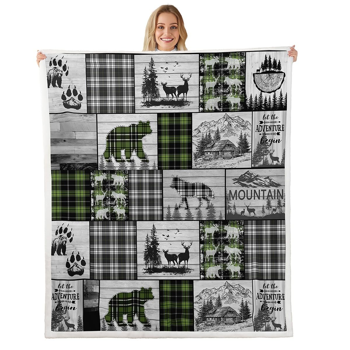 Plaid Bear Deer Moose Sherpa Blanket - Rustic Hunting Woodland Animal Wolf Fleece Throw 50"X60" - Farmhouse Cabin Lodge for Bed Couch - Wildlife Fuzzy
