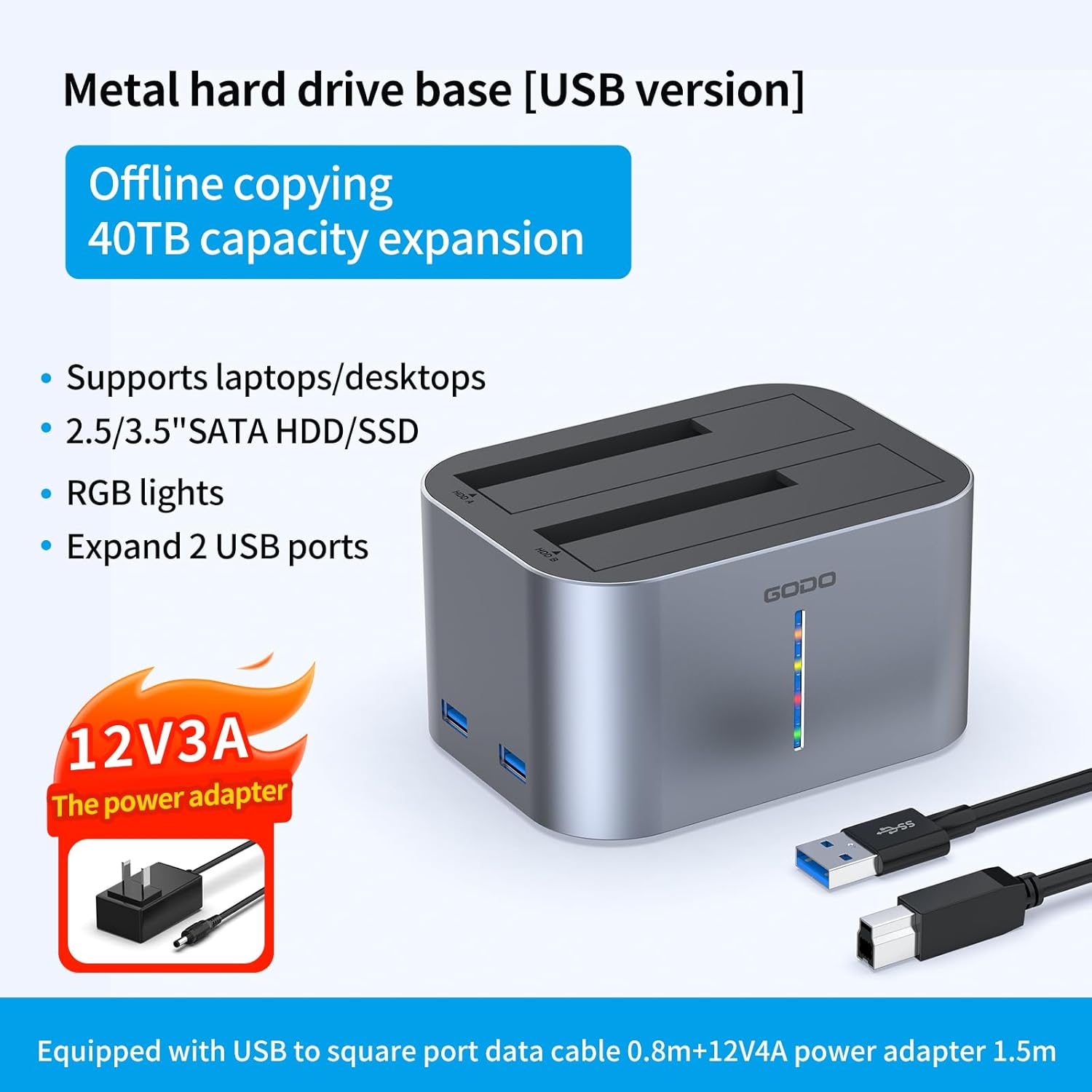 GODO Hard Drive Dock USB 3.0 to SATA I/II/III RGB Dual Bay Aluminum External Hard Drive Docking Station for 2.5 3.5 inch SATA HDD SSD Support UASP, 2x16TB + 2 USB3.0 Ports